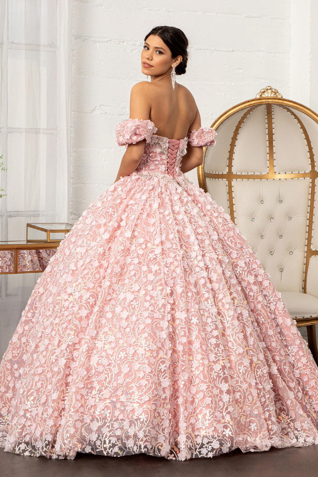 Long Quinceanera Dress Off Shoulder Mesh Ball Gown - The Dress Outlet