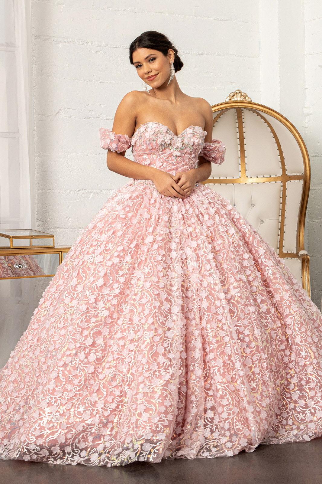 Long Quinceanera Dress Off Shoulder Mesh Ball Gown - The Dress Outlet