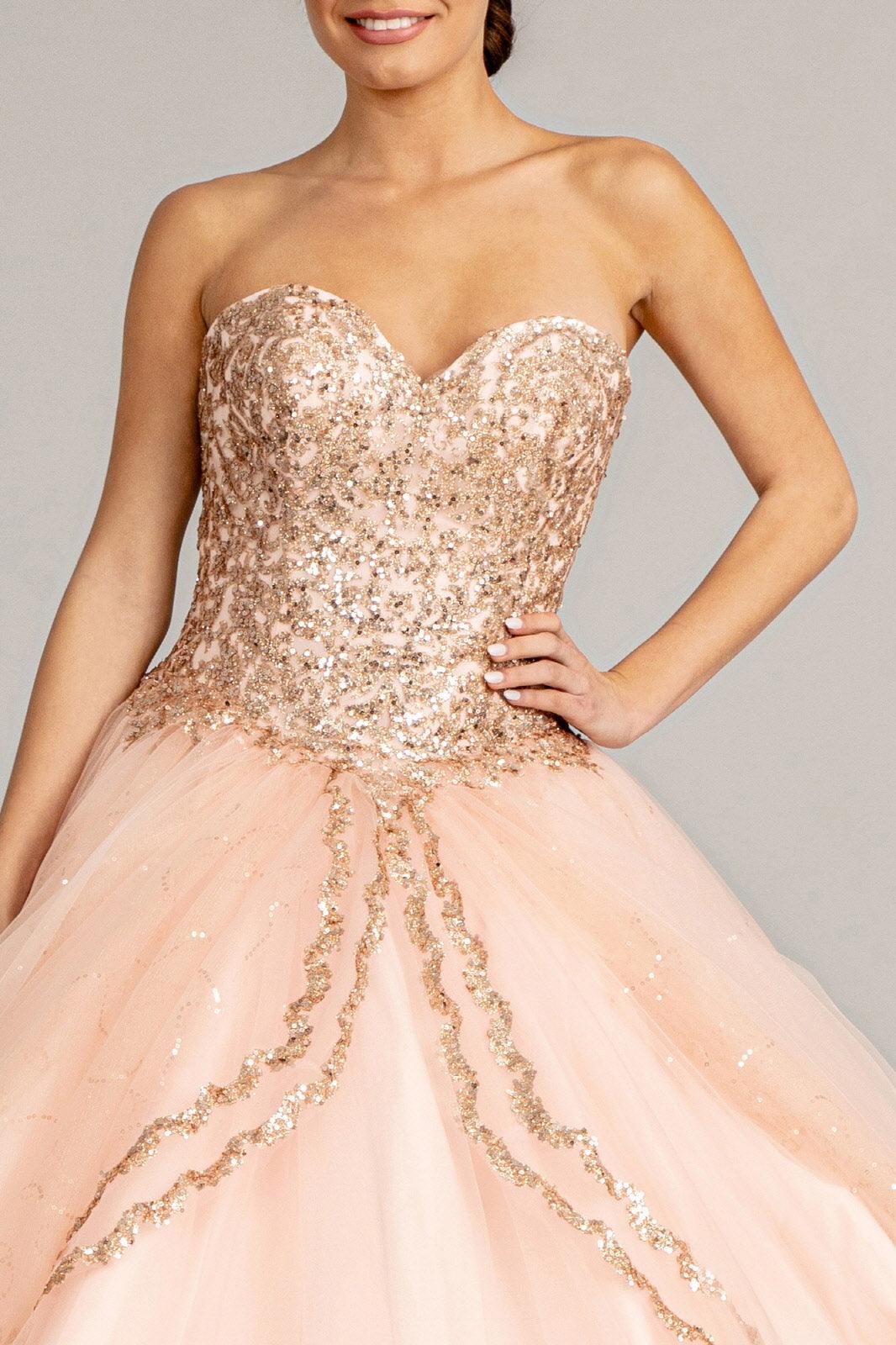 Long Quinceanera Dress Strapless Glitter Ball Gown
