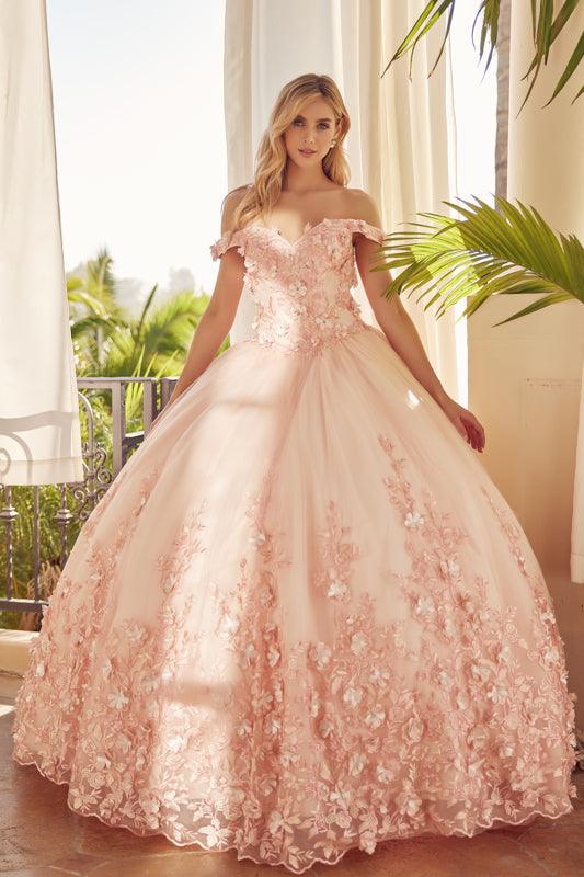 Long Quinceanera Off Shoulder Floral Ball Gown - The Dress Outlet