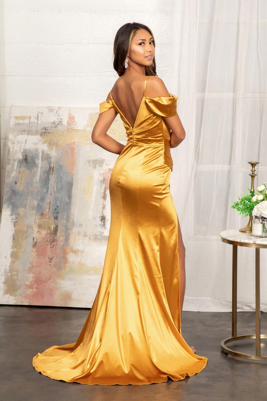 Vintage Off Shoulder Gold Satin Draped Evening Gown - Formal Dress Plu –  WonderlandByLilian