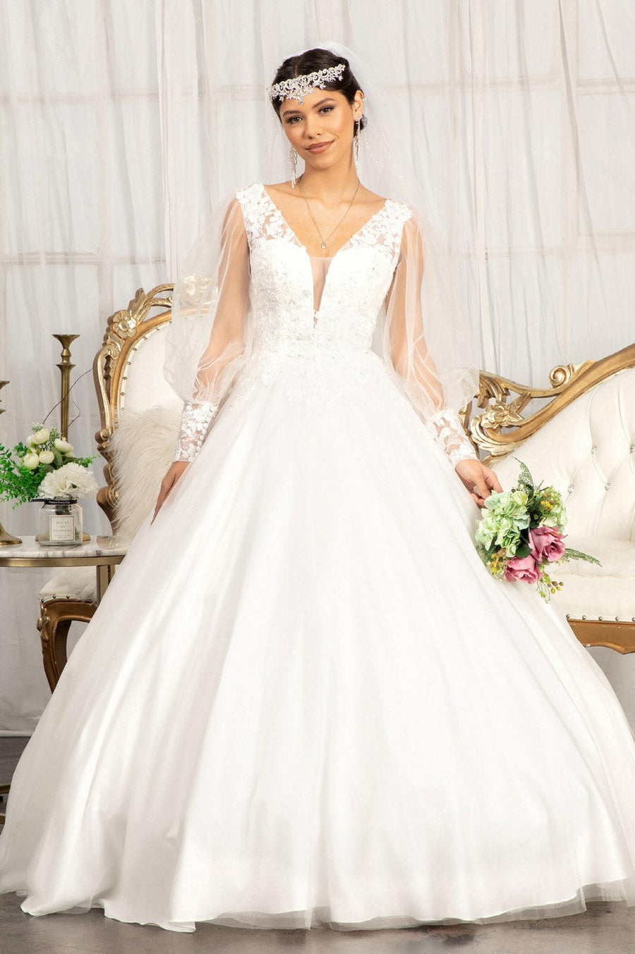 Long Sleeve Beaded Wedding Dress - The Dress Outlet