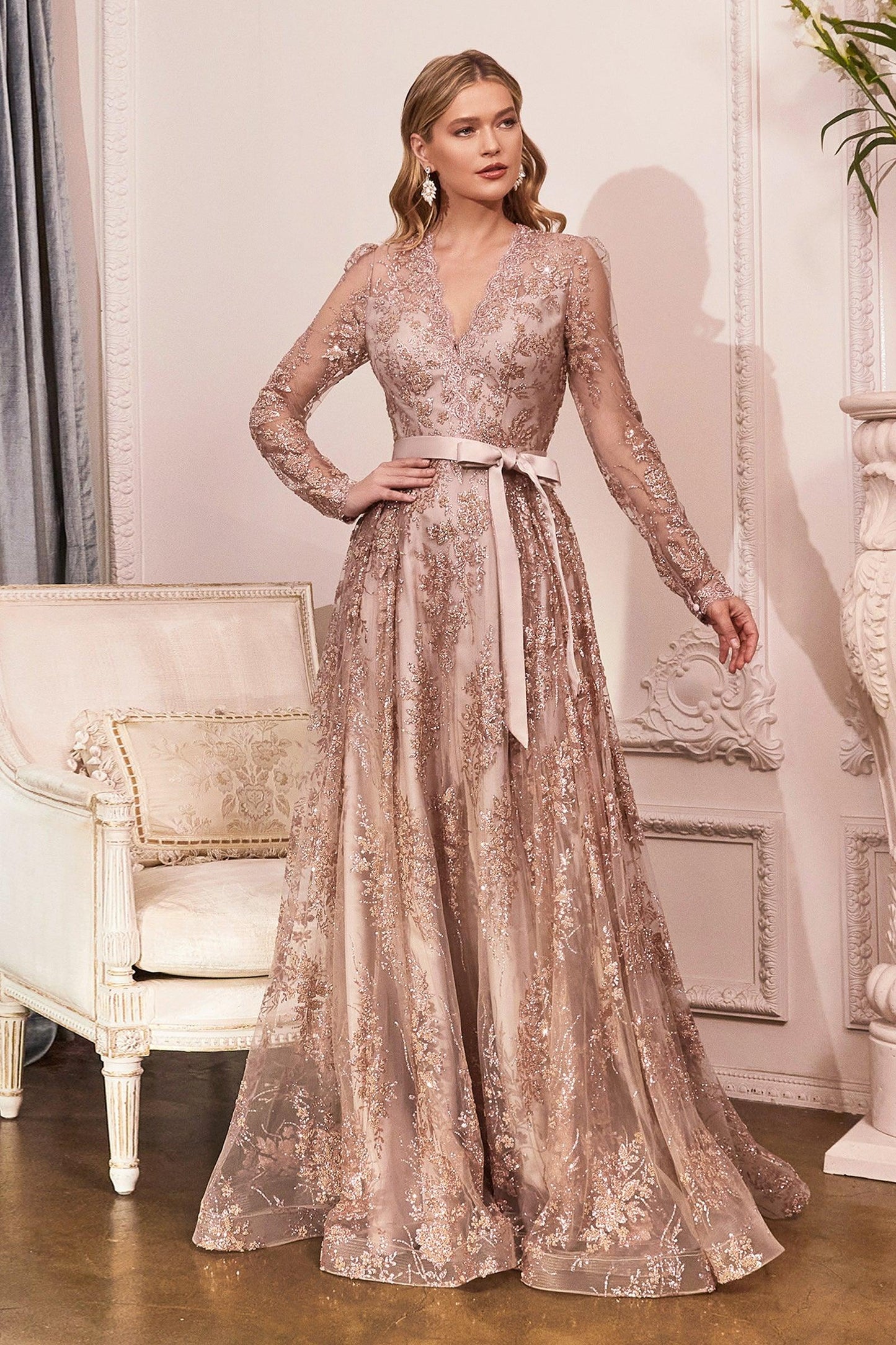 Long Sleeve Formal Dress Evening Gown Rose Gold