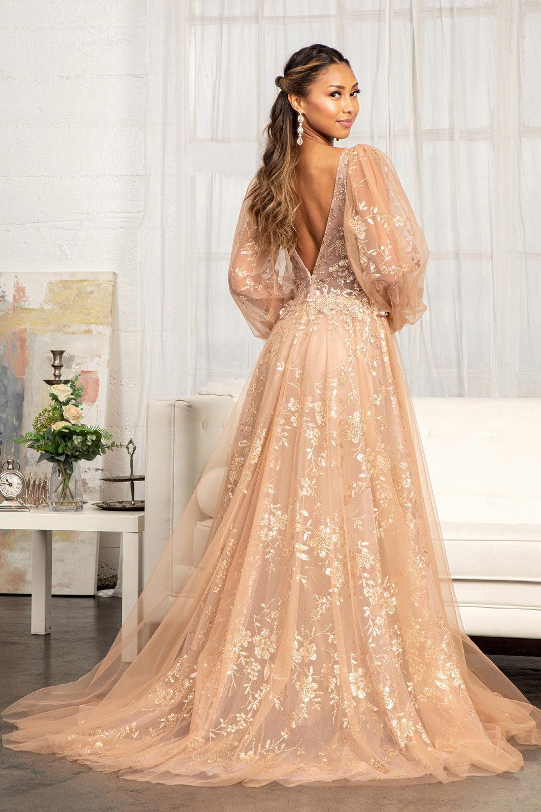 Long Sleeve Formal Glitter Evening Prom Dress - The Dress Outlet