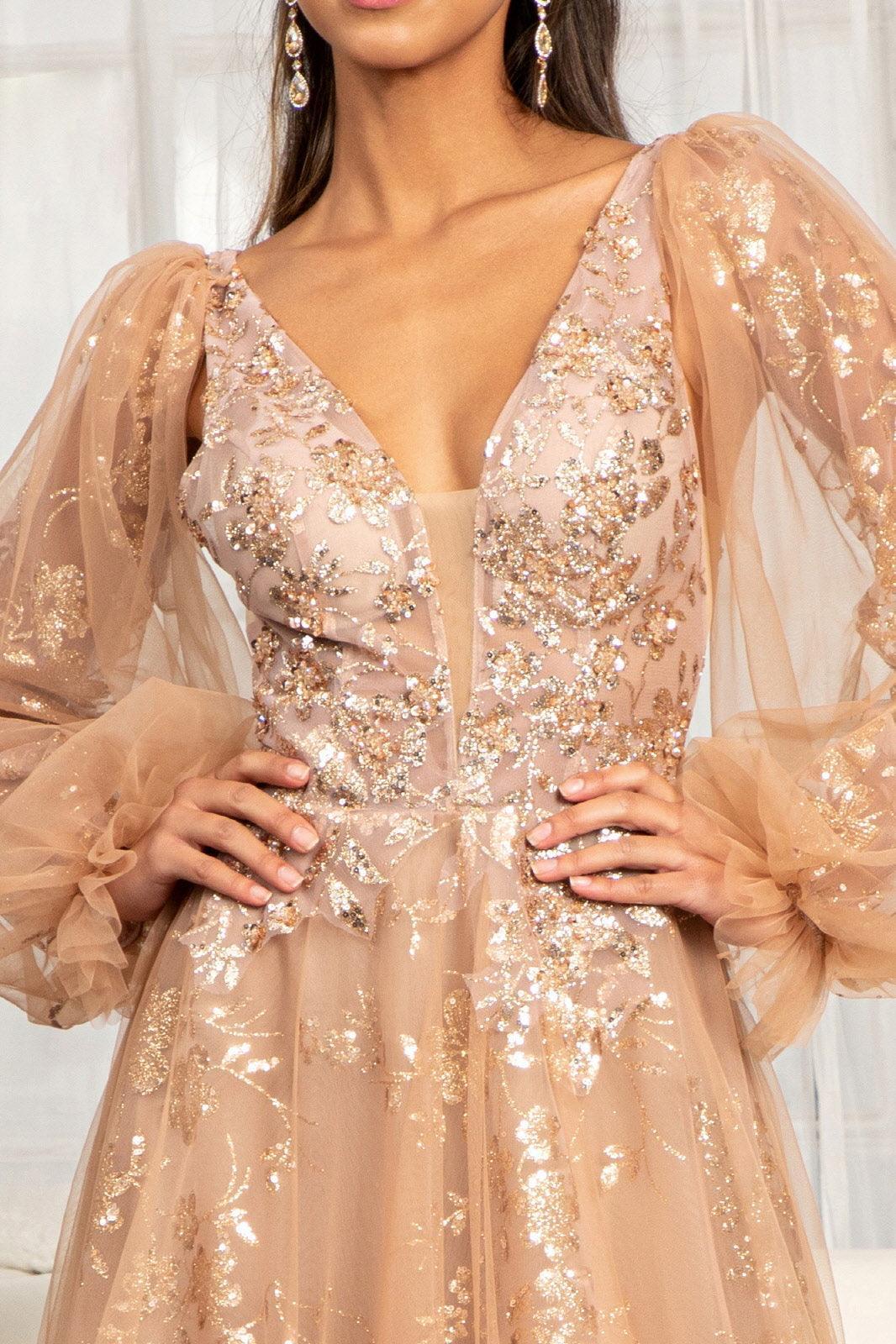 Long Sleeve Formal Glitter Evening Prom Dress - The Dress Outlet