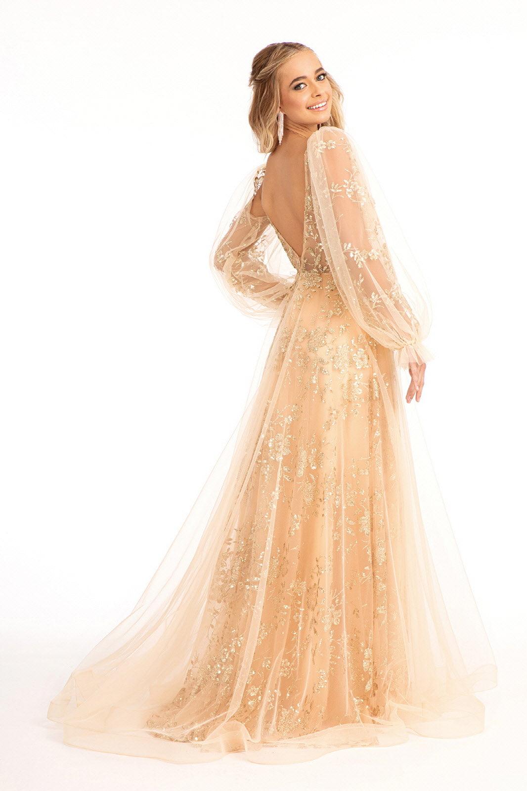 Long Sleeve Formal Glitter Evening Prom Dress Champagne