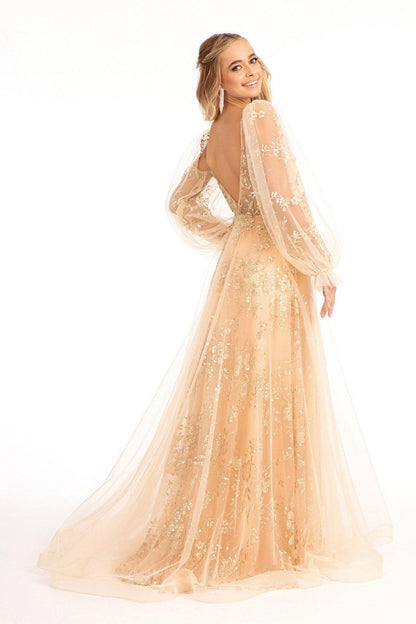 Long Sleeve Formal Glitter Evening Prom Dress Champagne