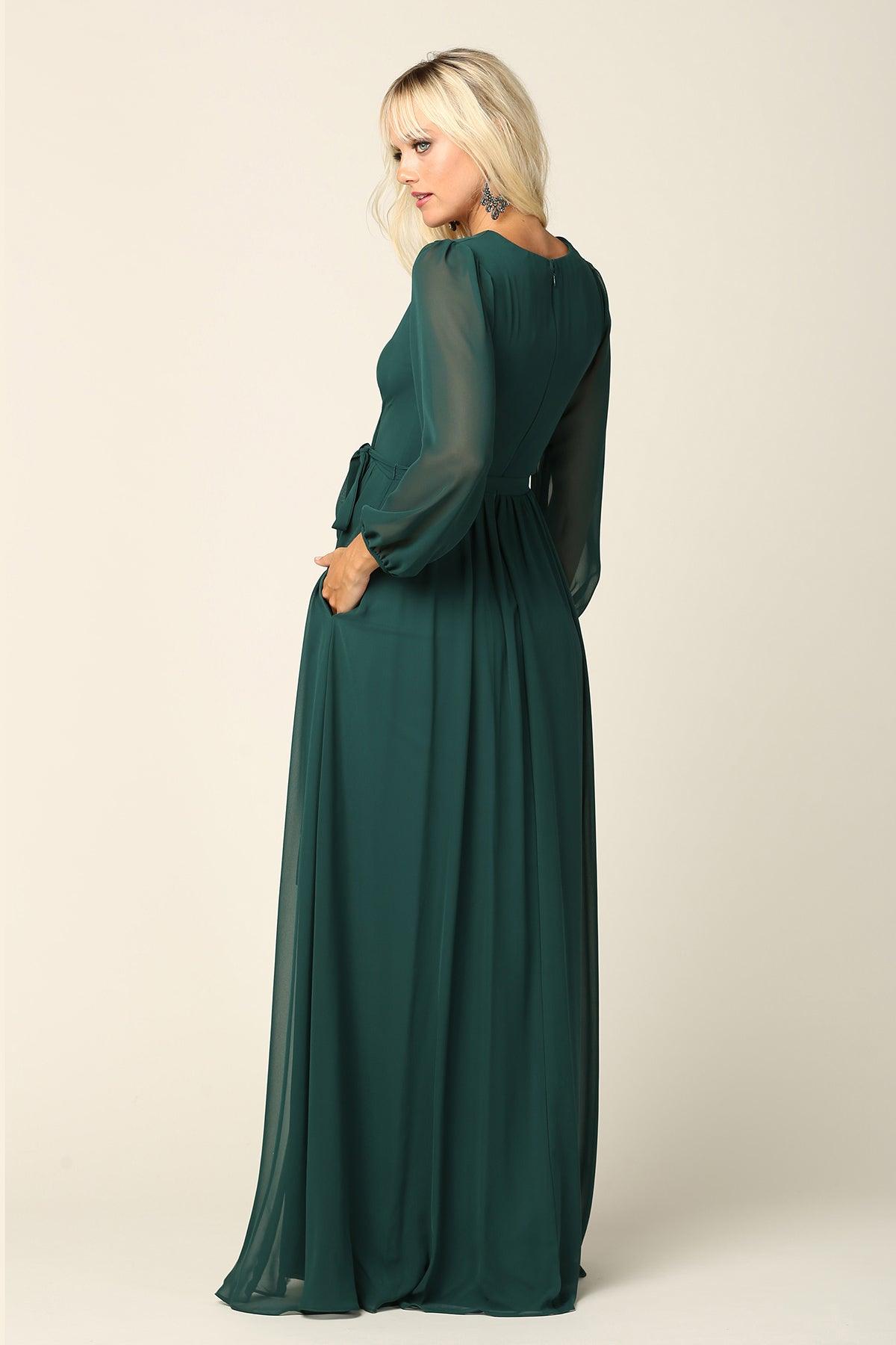 Long Sleeve Formal A Line Dress Hunter Green