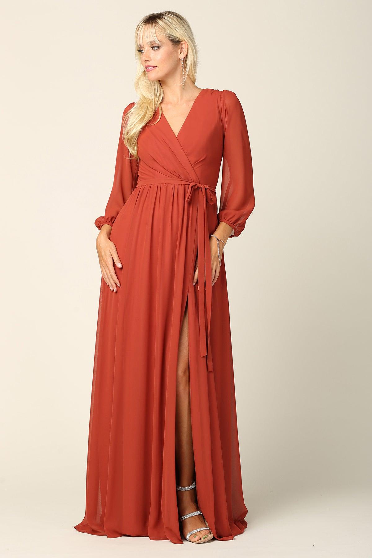 Long Sleeve Formal A Line Dress Rust