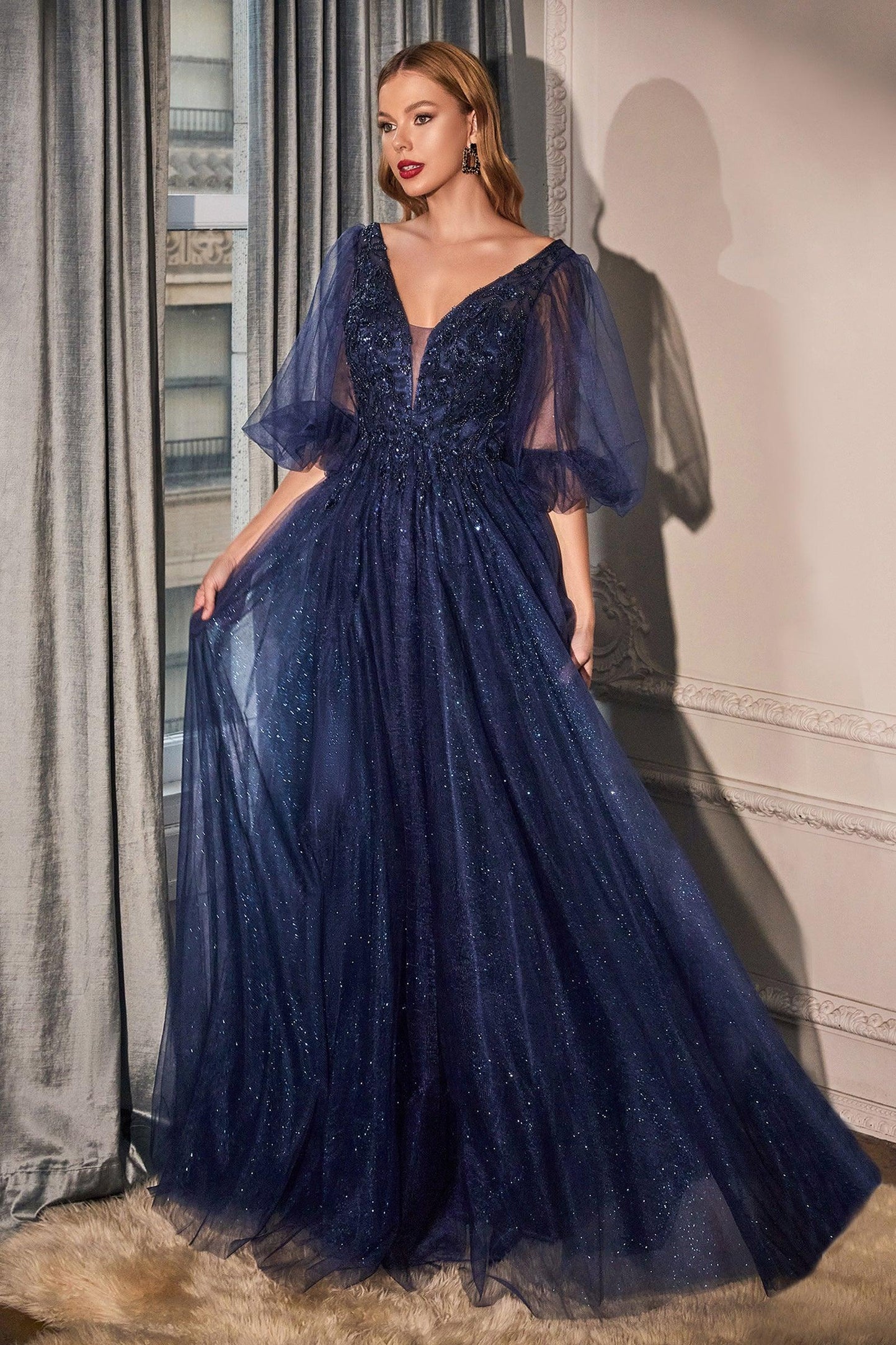 Long Sleeve Mother of the Bride Long Tulle Dress Navy