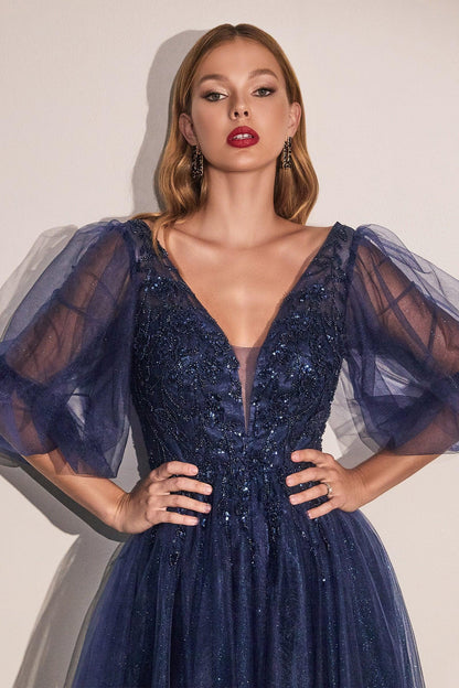 Long Sleeve Mother of the Bride Long Tulle Dress Navy