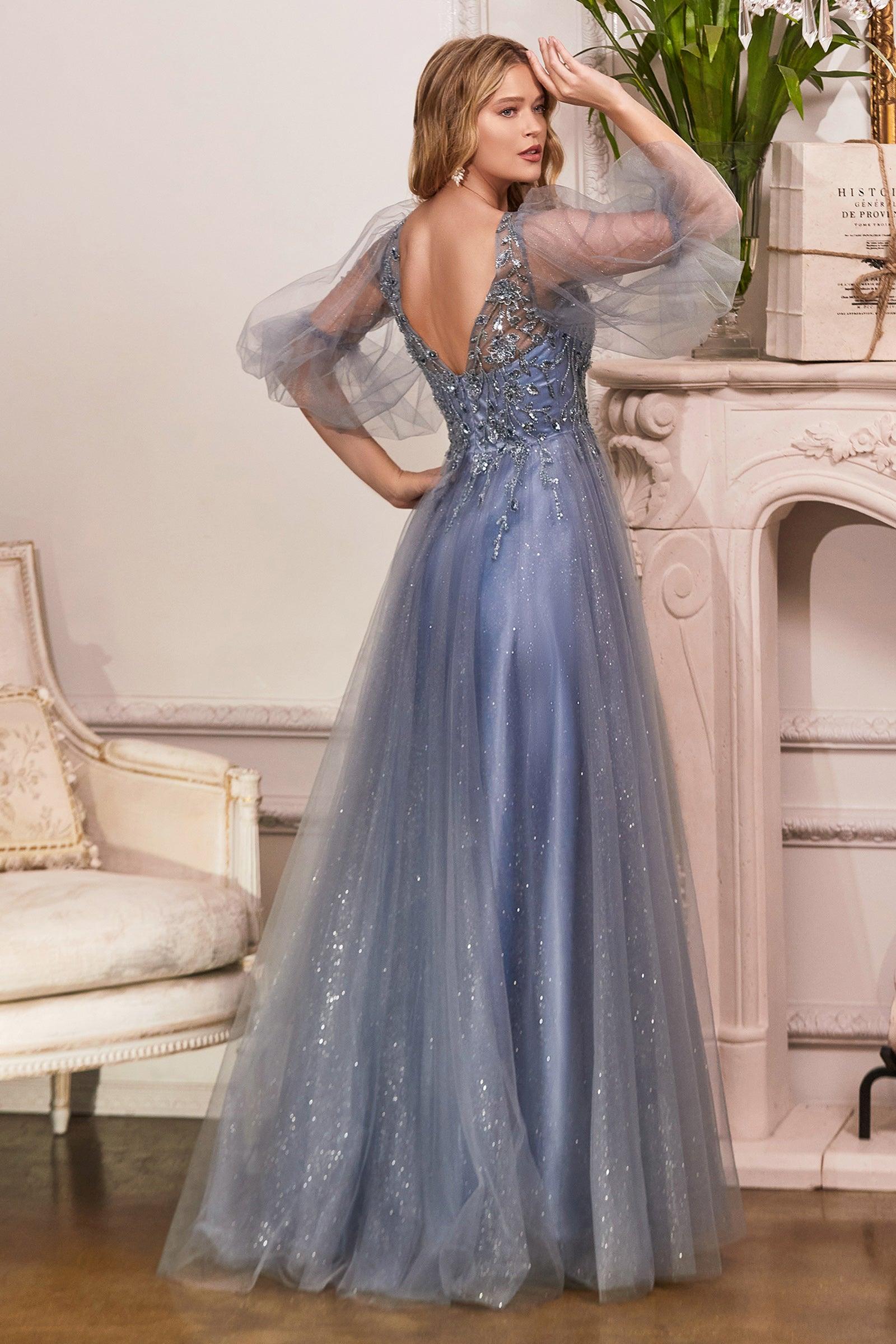Long Sleeve Mother of the Bride Long Tulle Dress Smoky Blue
