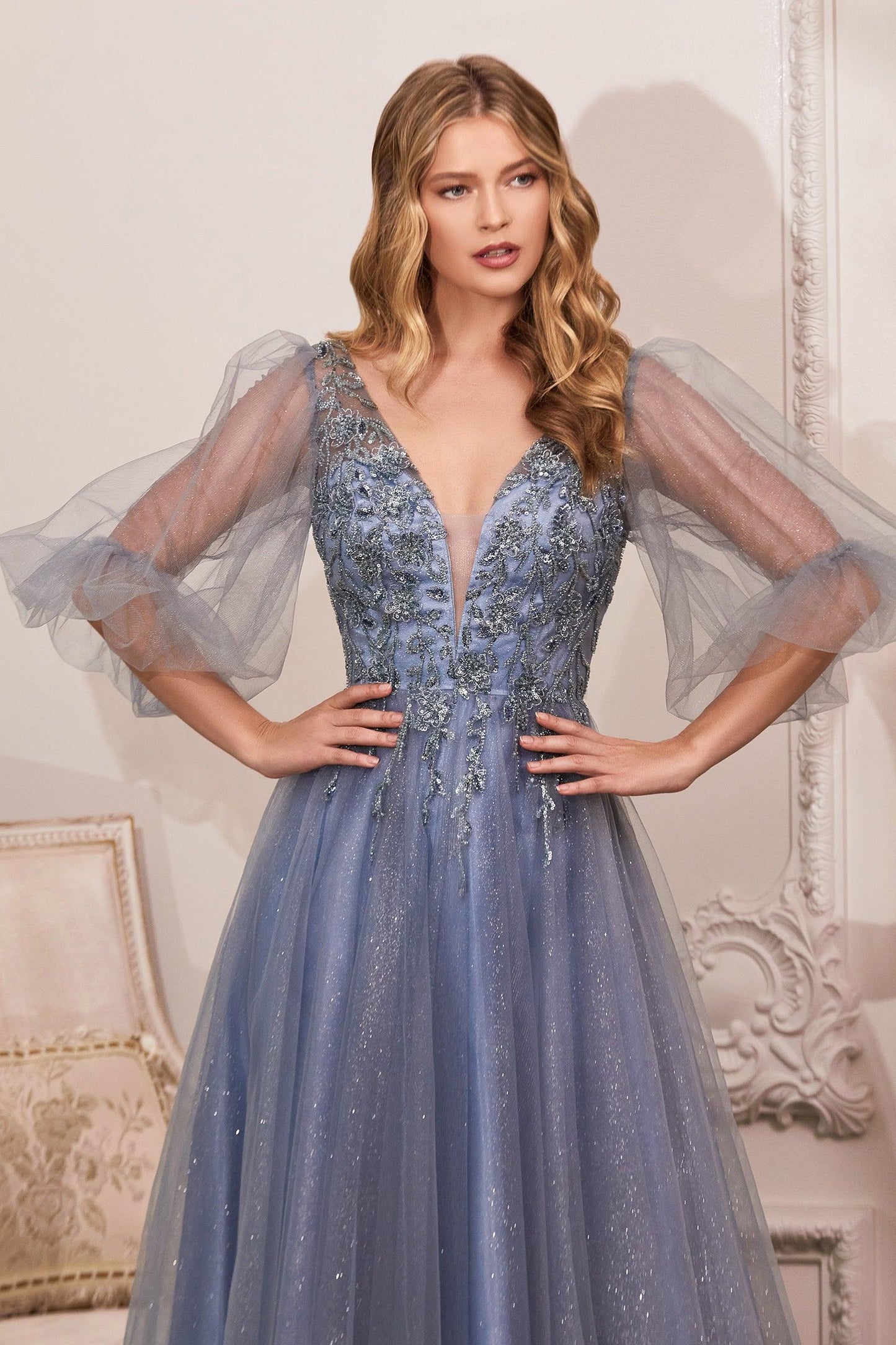 Long Sleeve Mother of the Bride Long Tulle Dress Smoky Blue