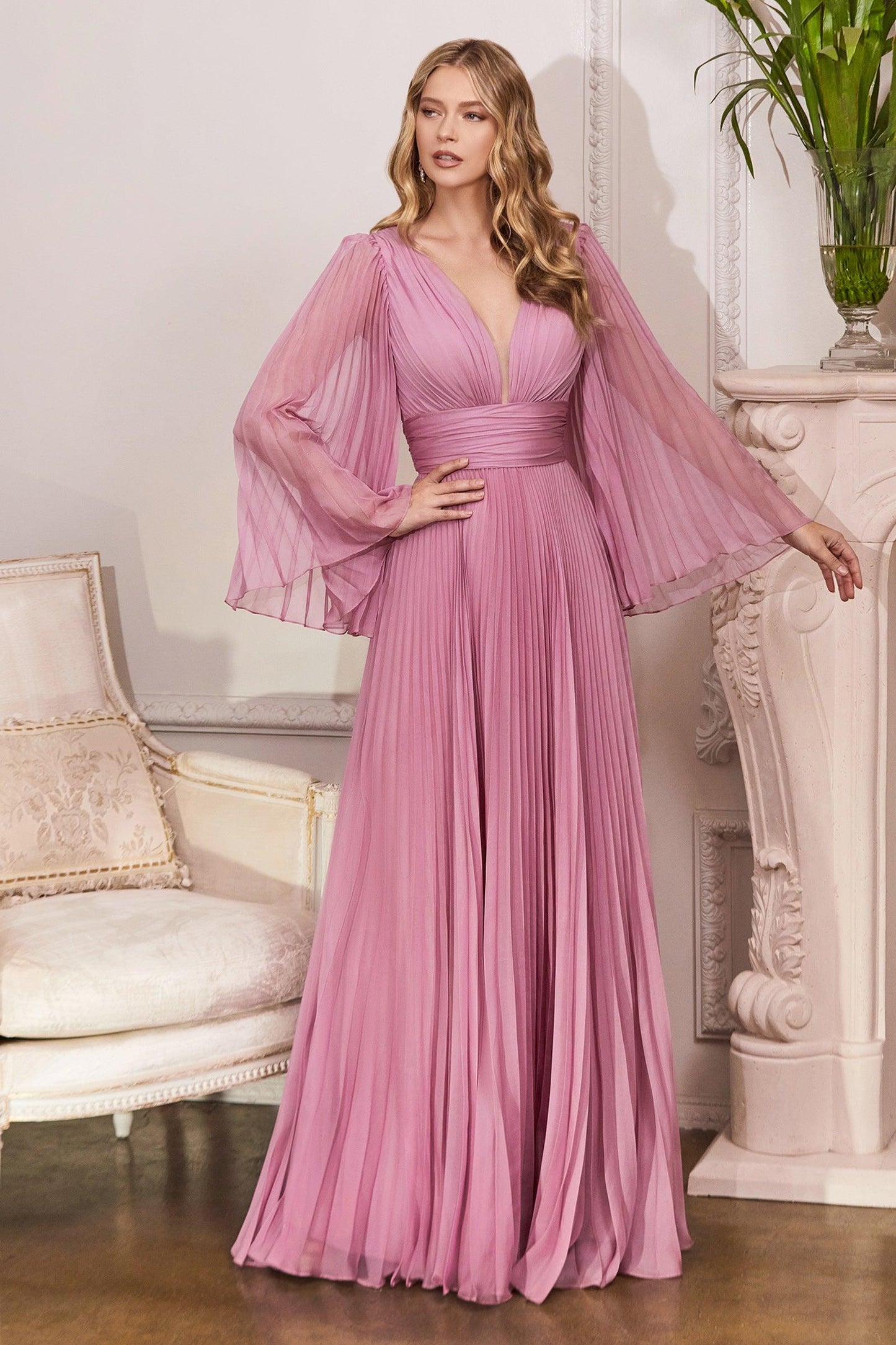 Long Pleated Formal Prom Dress Blossom Pink