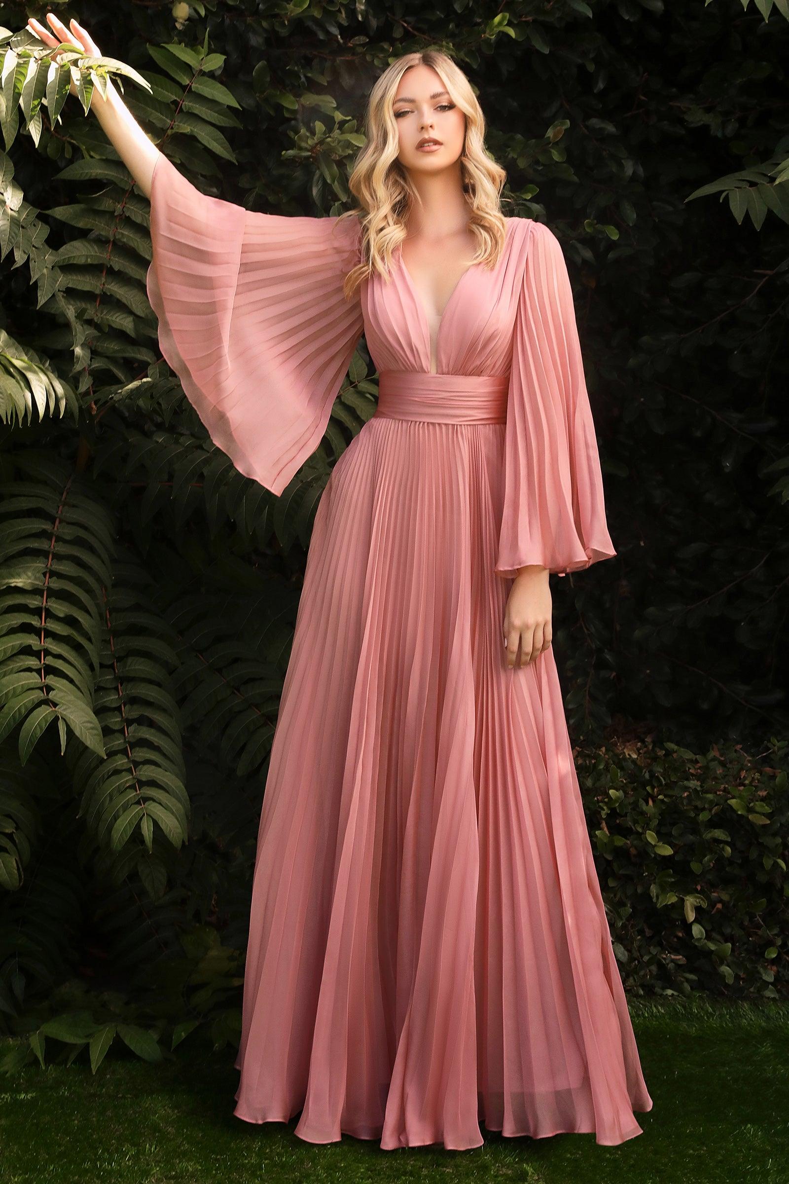 Long Pleated Formal Prom Dress Rose Gold