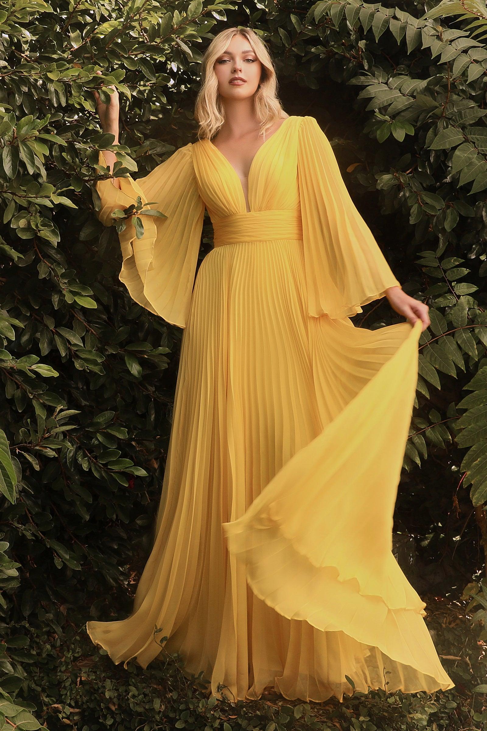 Long Pleated Formal Prom Dress Yellow