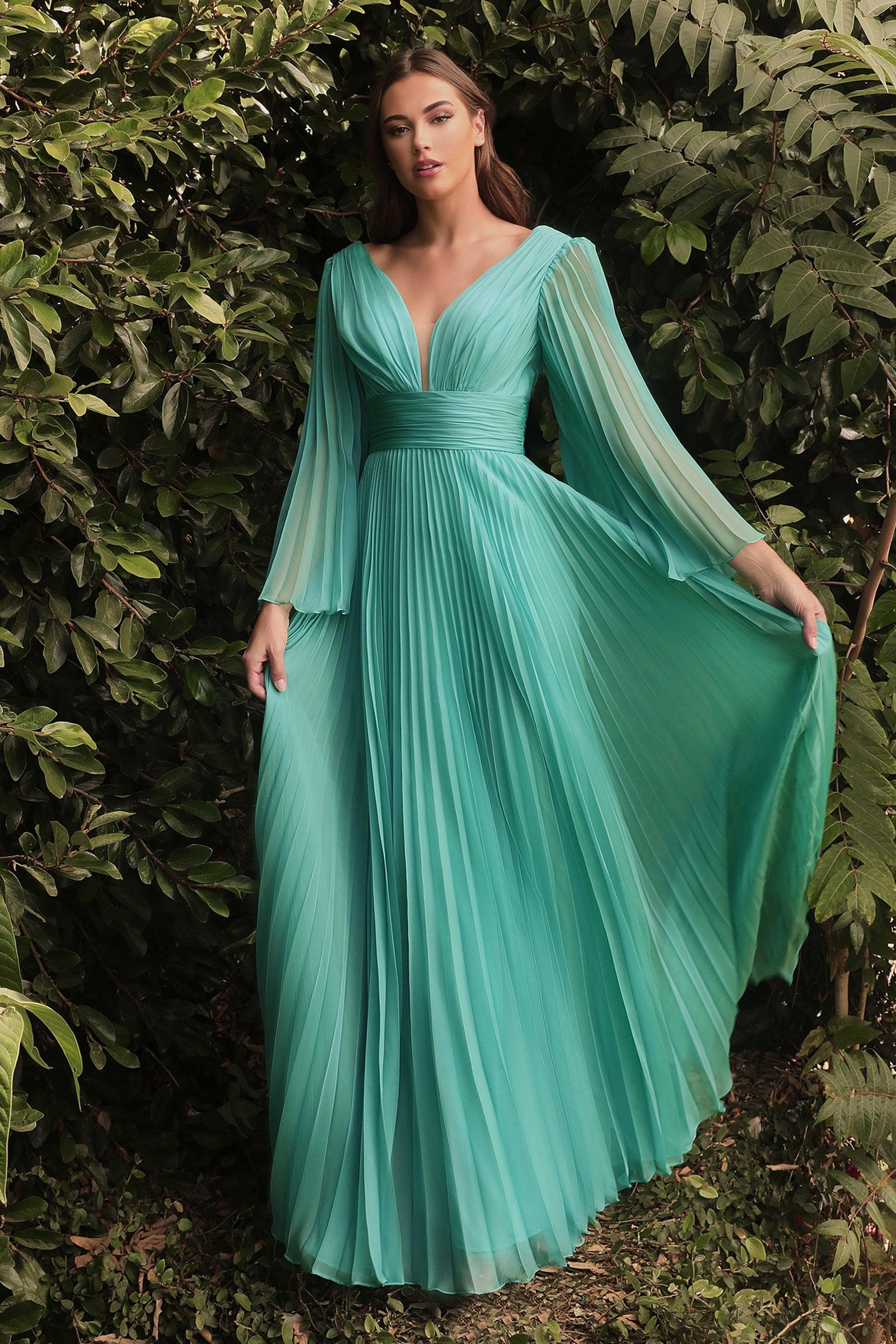 Cocktail dresses for women 2033 elegant classy Sexy Double U-neck Long  Sleeved Shiny Evening Dress With Chiffon Stitching And High Slit Pleated  Long Skirt Fallwedding guest dresses Green M - Walmart.com