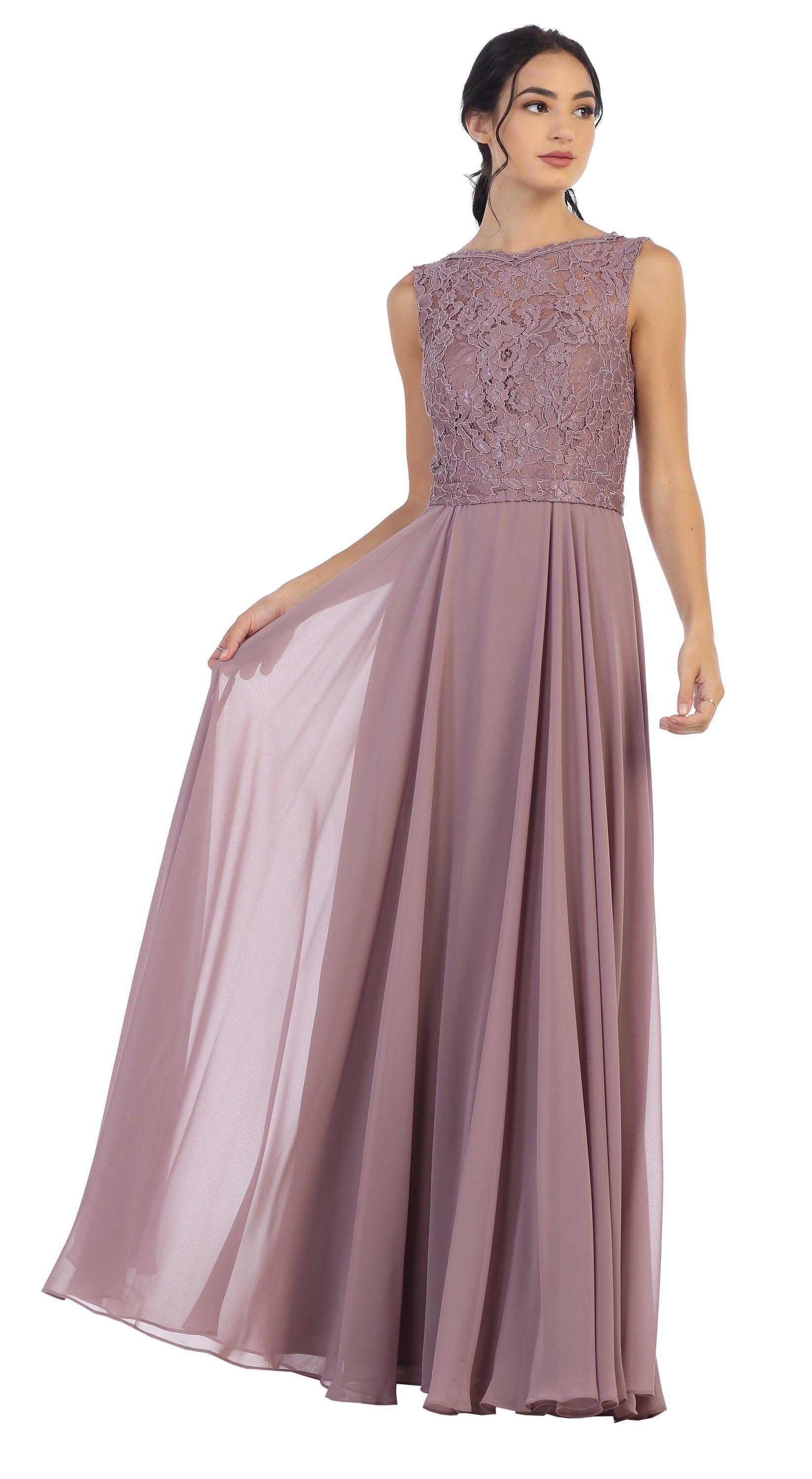Blush Long Sleeveless Bridesmaids Lace Chiffon Dress