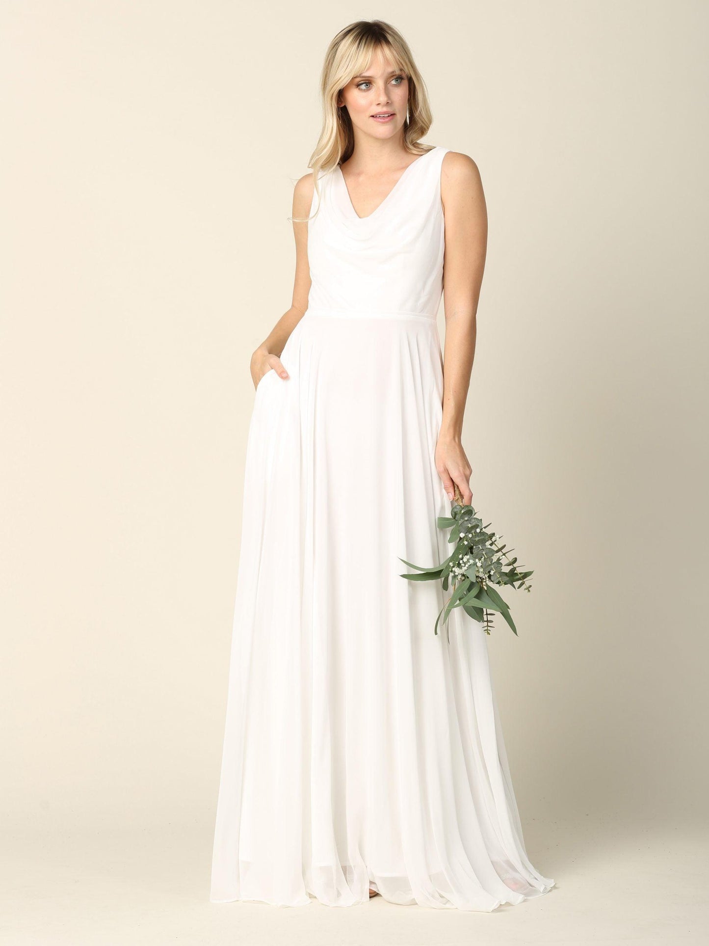 Long Sleeveless Chiffon Simple Wedding Dress - The Dress Outlet