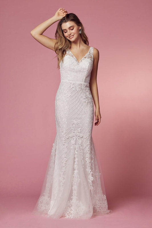 Long Sleeveless Embroidered Mermaid Wedding Dress - The Dress Outlet