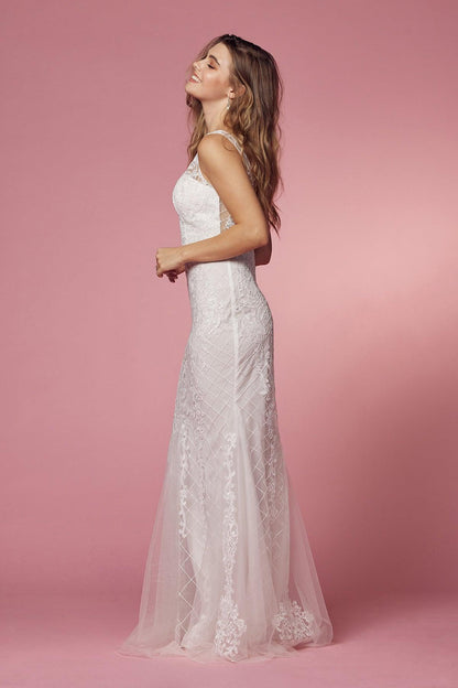 Long Sleeveless Embroidered Mermaid Wedding Dress - The Dress Outlet