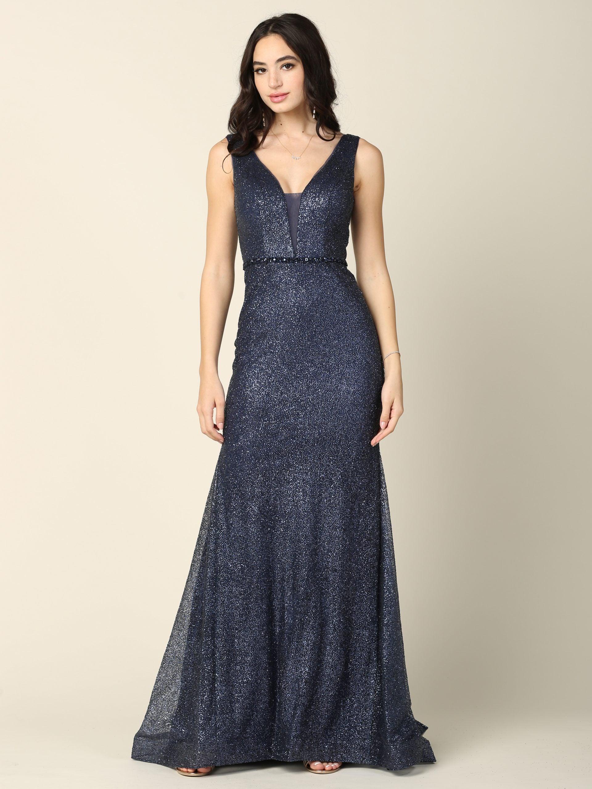 Long Sleeveless Fitted Formal Glitter Dress