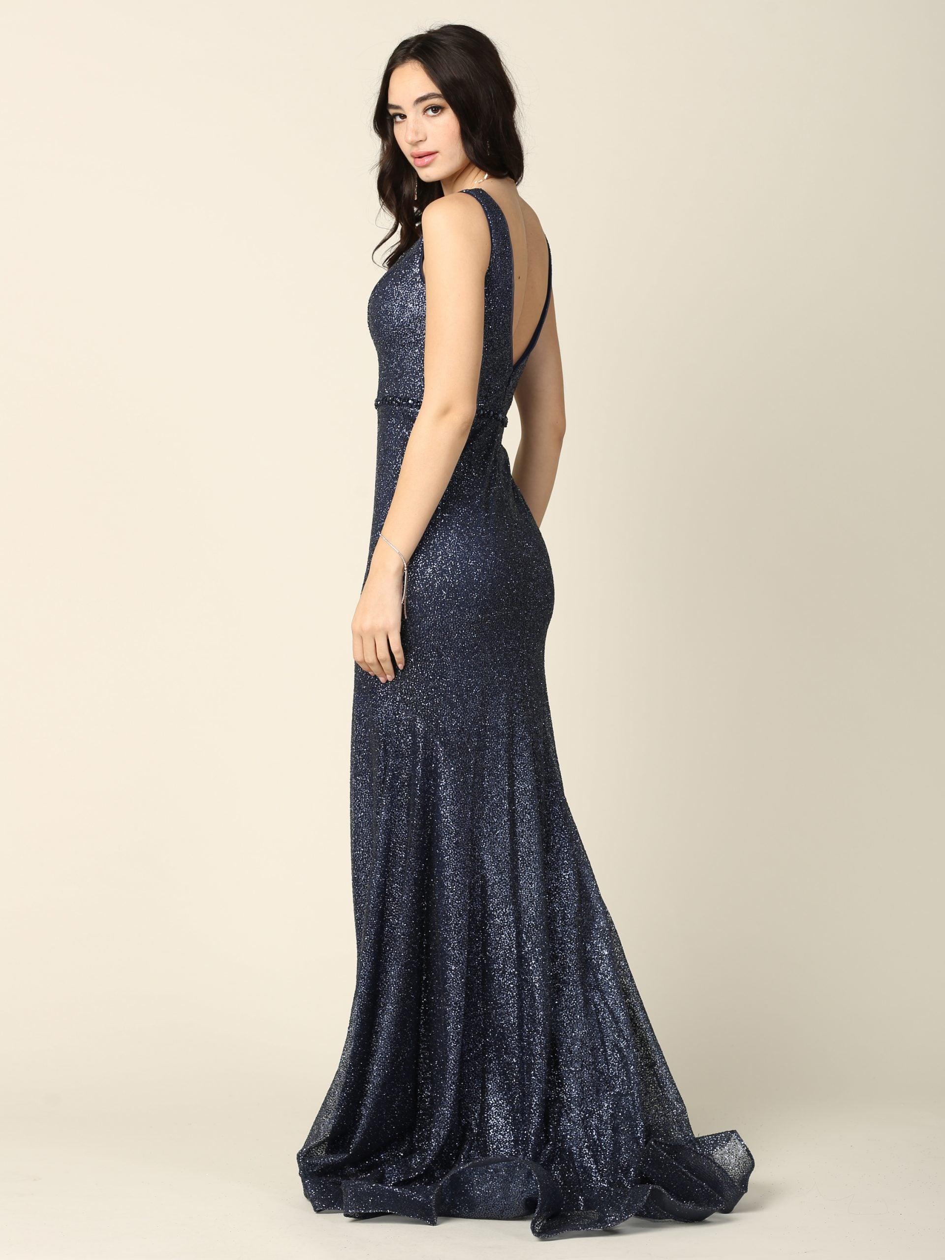 Long Sleeveless Fitted Formal Glitter Dress
