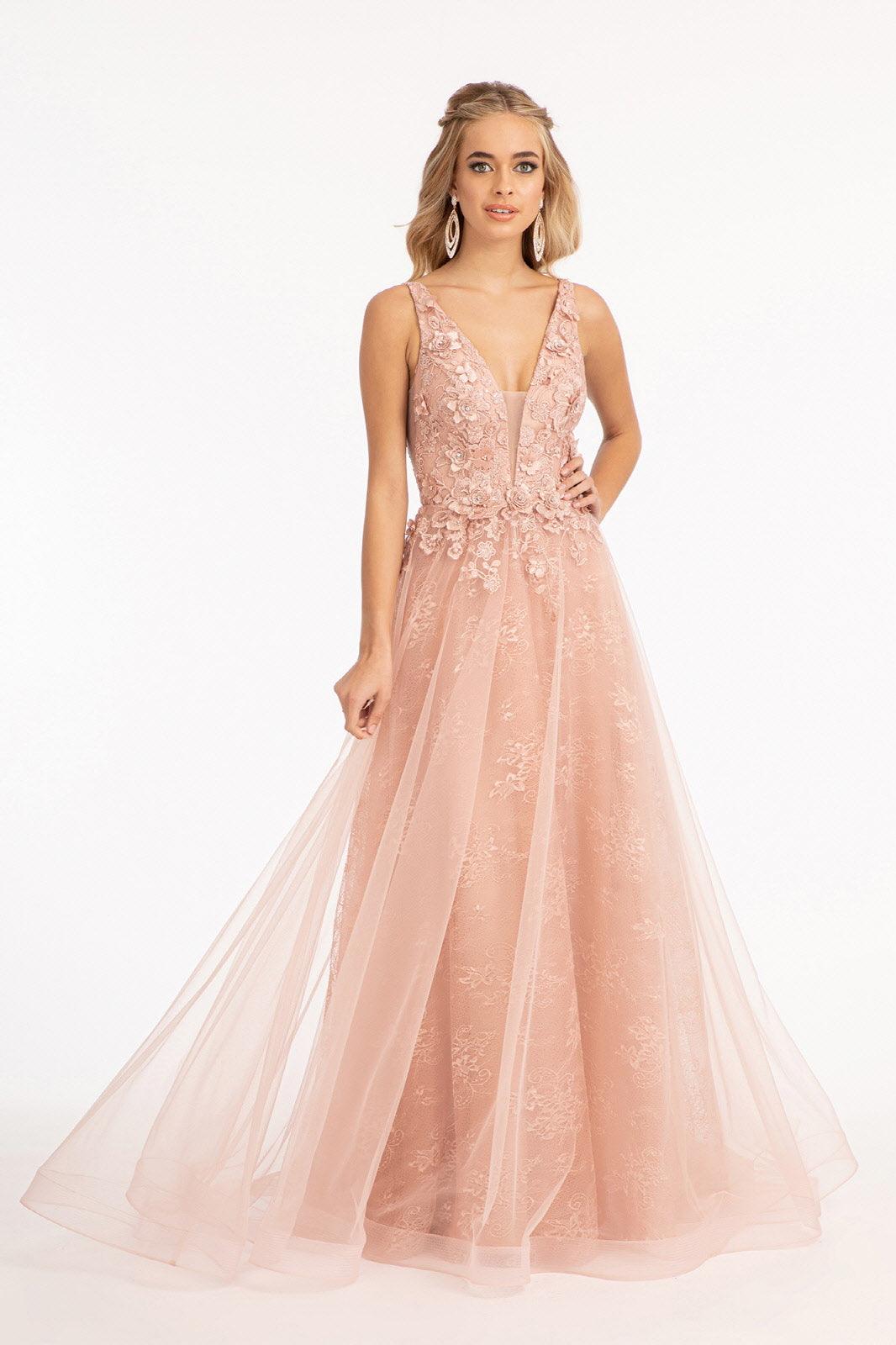 Long Sleeveless A Line Lace Mesh Prom Gown