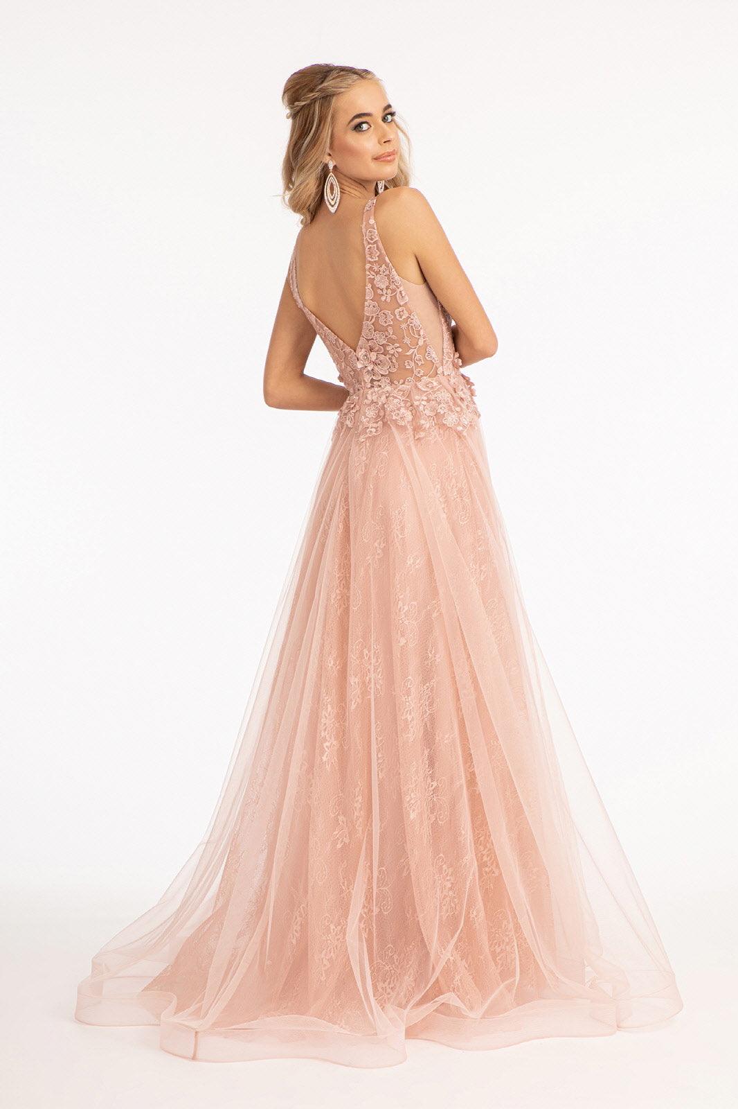 Long Sleeveless A Line Lace Mesh Prom Gown