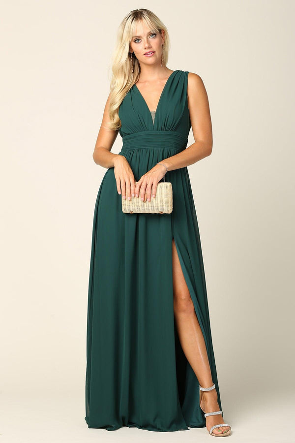Long Sleeveless Formal Bridesmaids V Neck Dress