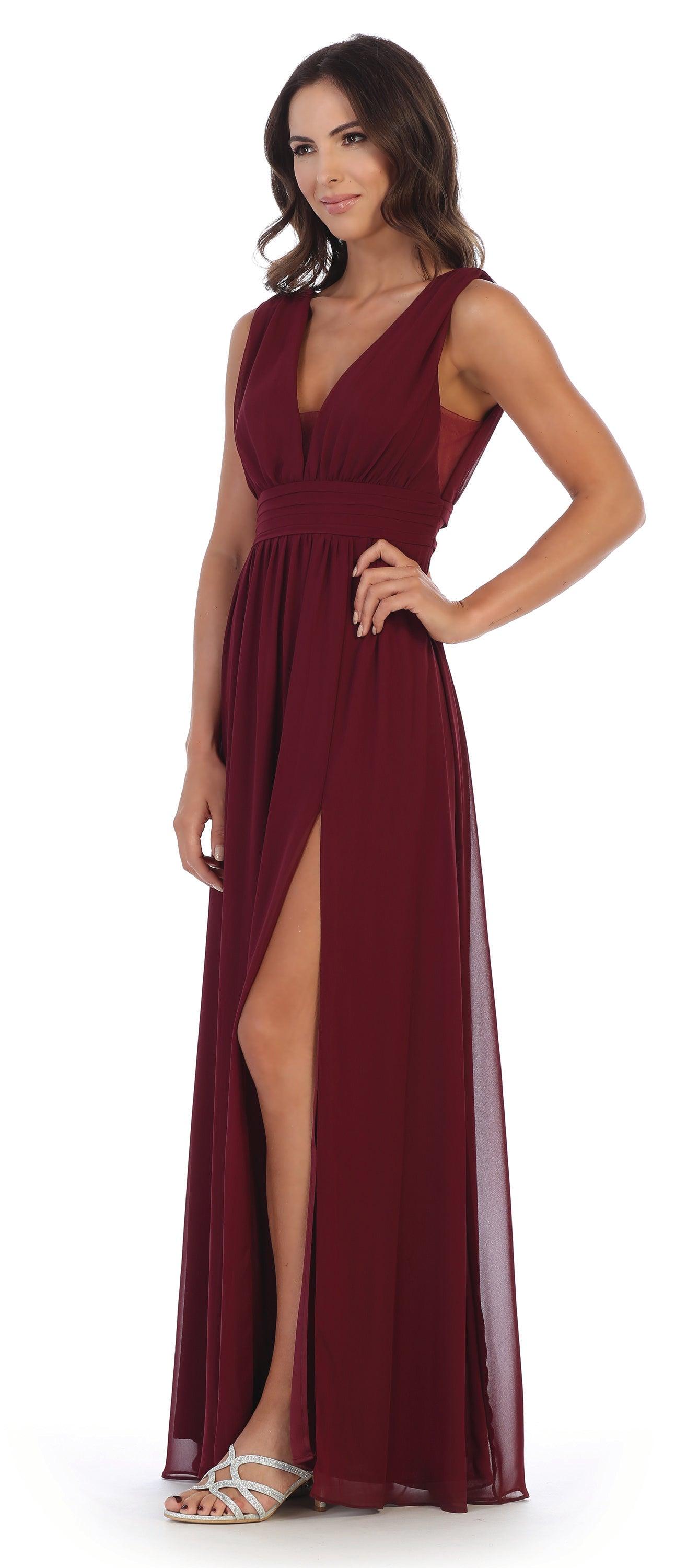 V-neck Long Chiffon Dress with Slit for Bridesmaids Tahiti