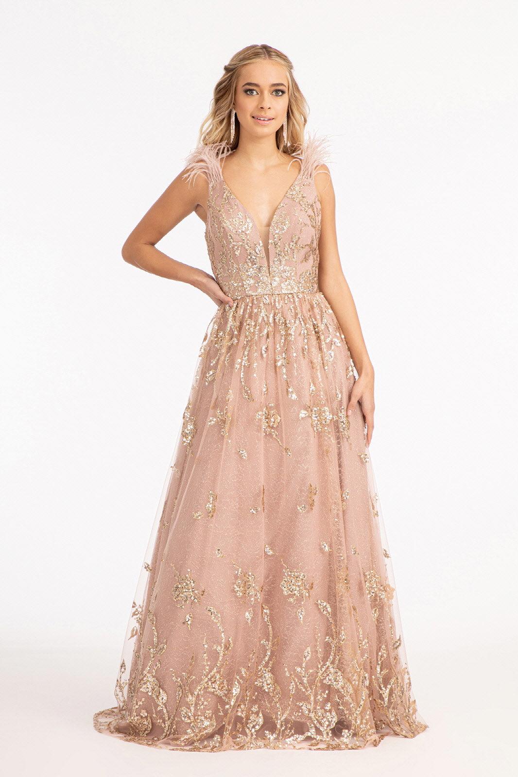 Long Sleeveless Formal Feather Shoulder Prom Dress