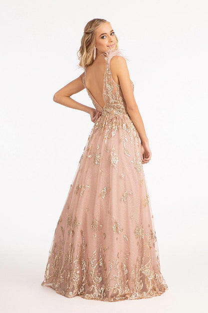 Long Sleeveless Formal Feather Shoulder Prom Dress - The Dress Outlet