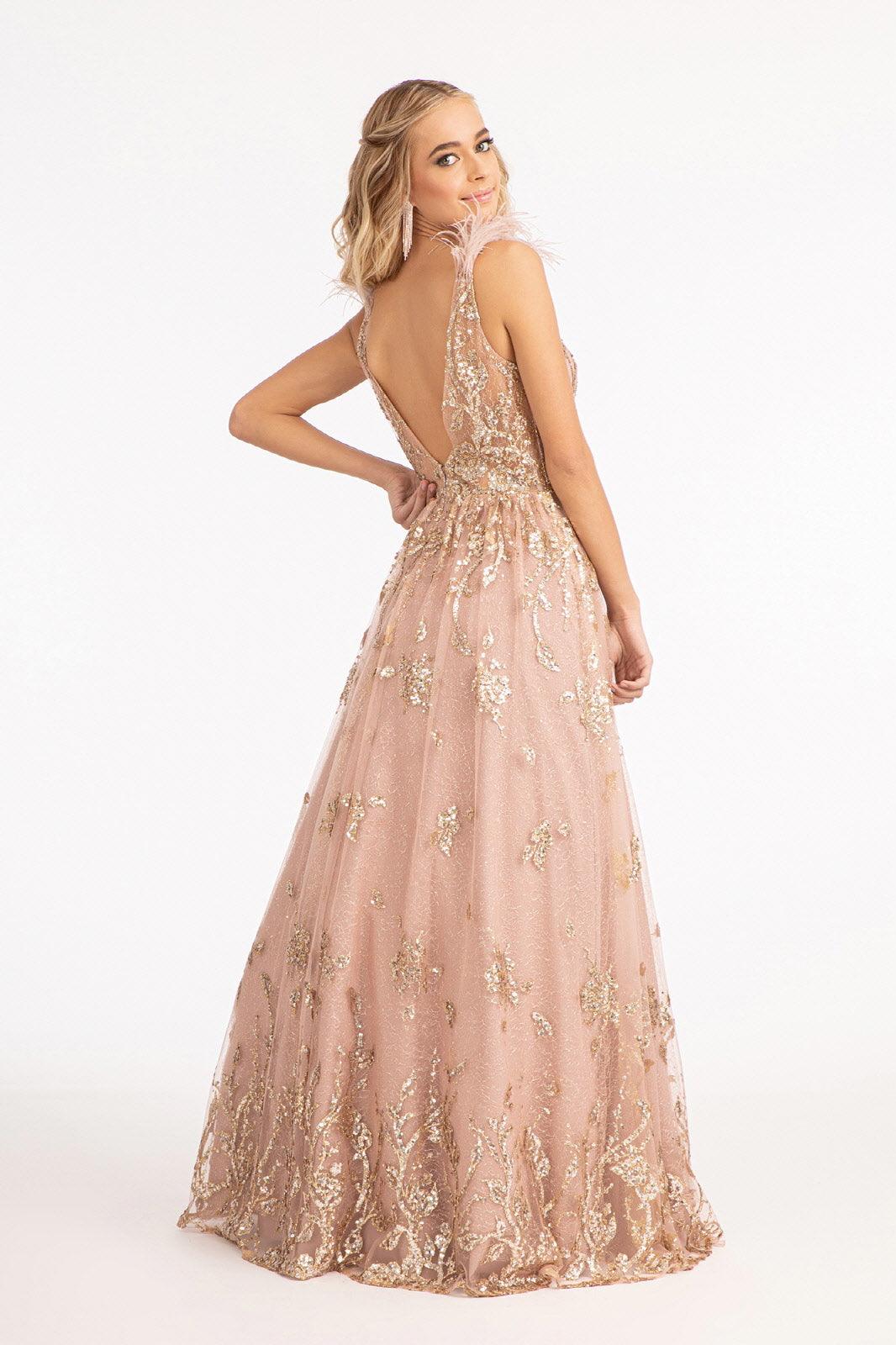 Long Sleeveless Formal Feather Shoulder Prom Dress