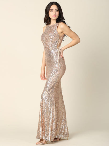 Long Sleeveless Formal Fitted Sequins Dress - The Dress Outlet