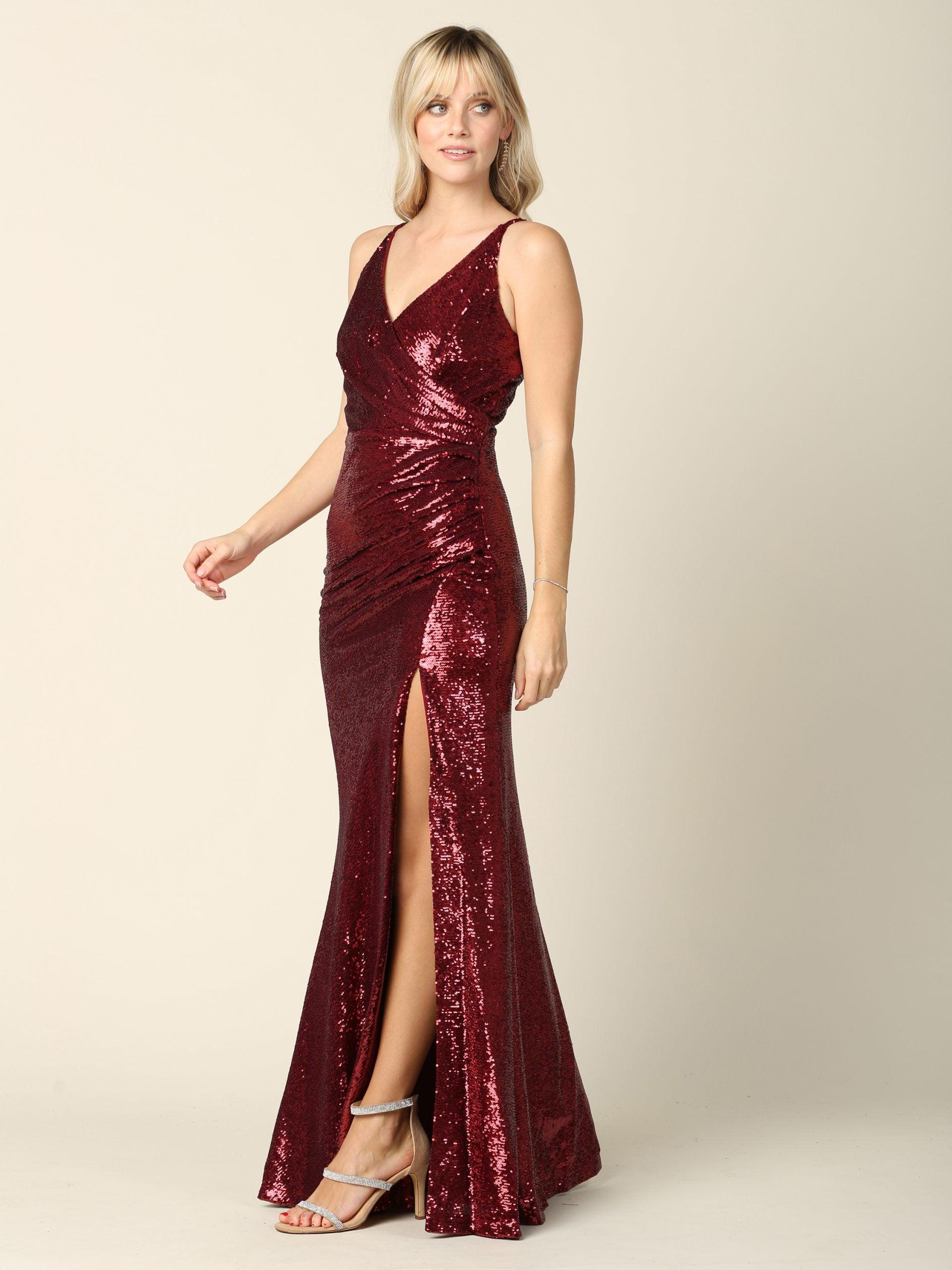 Long Sleeveless Formal Fitted Sequins Prom Dress - Burgundy / S Long Sleeveless Formal Fitted Sequins Prom Dress - Burgundy / S