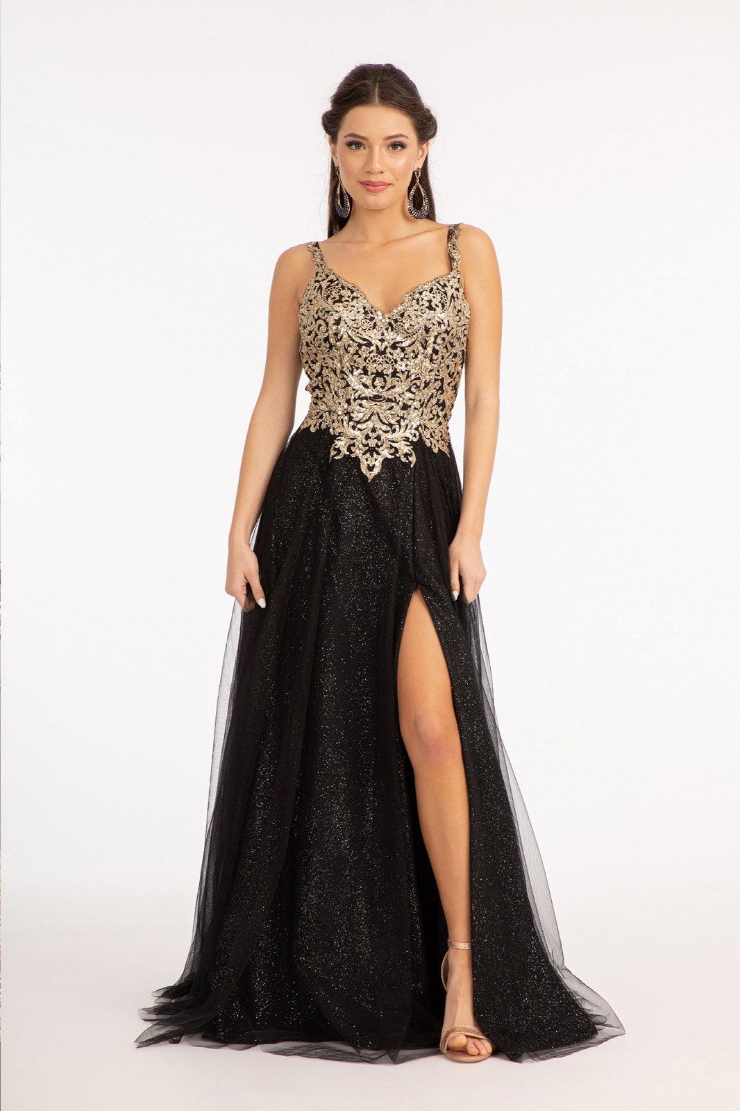 Long Sleeveless Formal Glitter Prom Slit Dress - The Dress Outlet