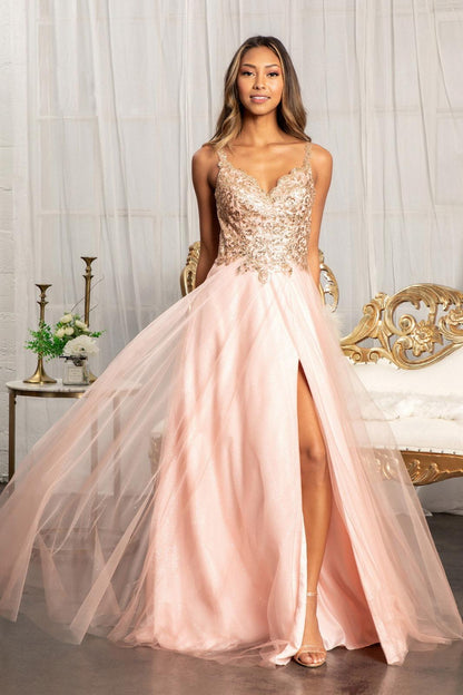 Long Sleeveless Formal Glitter Prom Slit Dress - The Dress Outlet