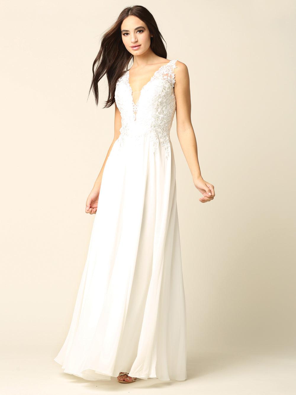 Long Sleeveless Lace Chiffon Wedding Gown - The Dress Outlet