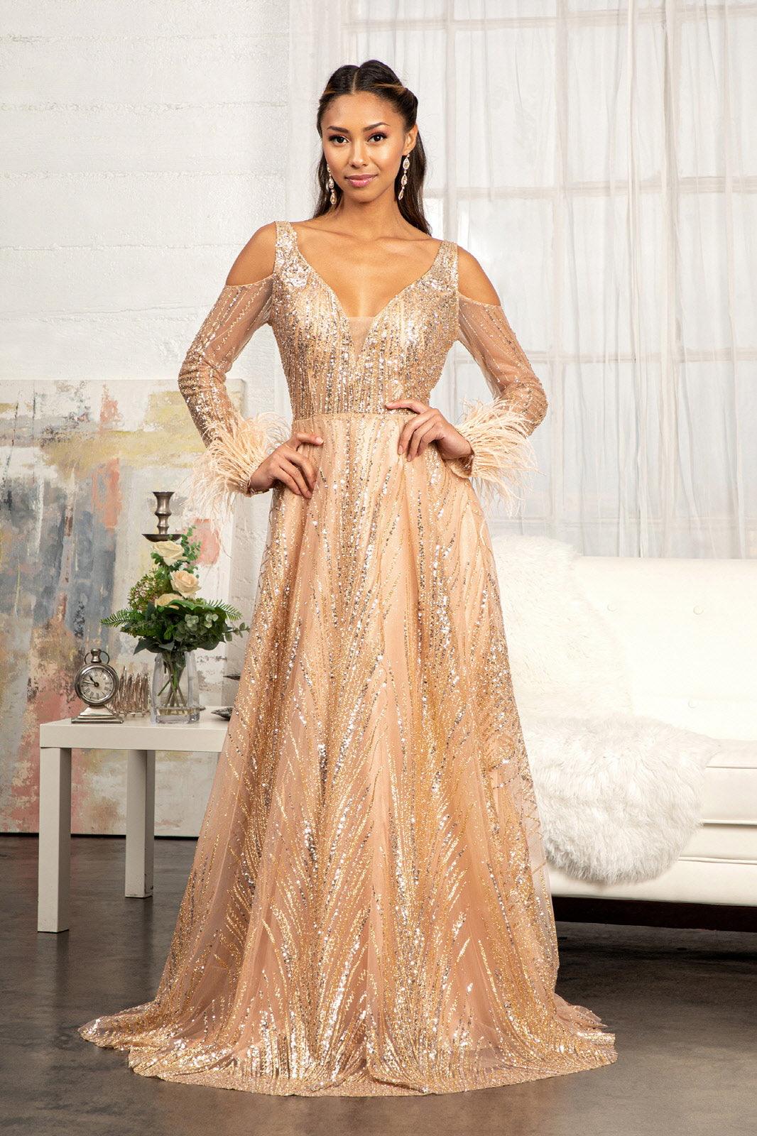 Rose Gold Long Sleeves Glitter A-line Long Prom Dress for $319.99 – The