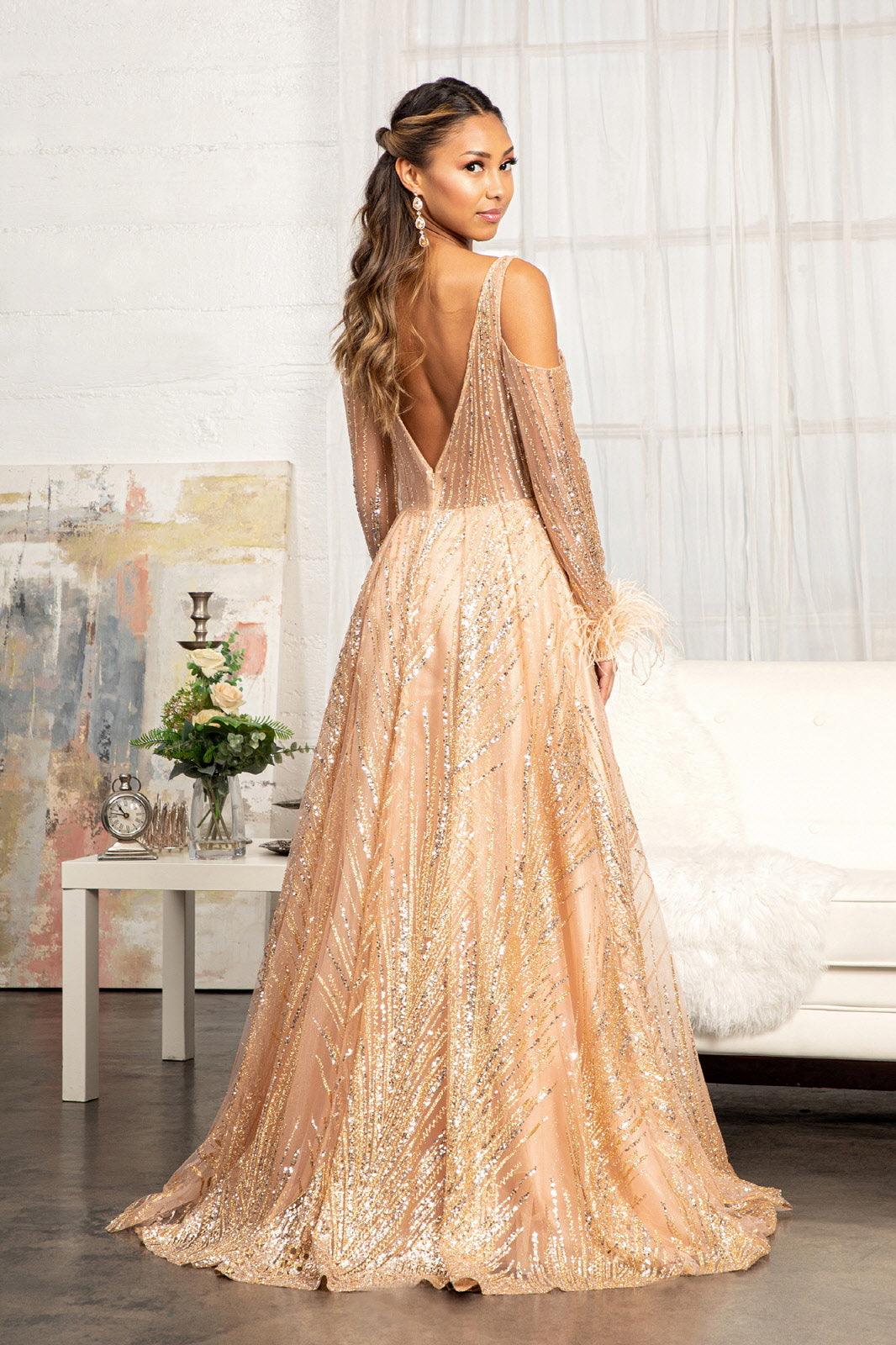 Rose Gold Long Sleeves Glitter A-line Long Prom Dress for $319.99 – The