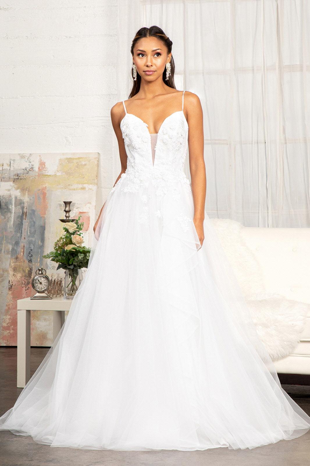 Long Spaghetti Strap 3D Floral Applique Wedding Gown - White / 4XL Long Spaghetti Strap 3D Floral Applique Wedding Gown - White / 4XL