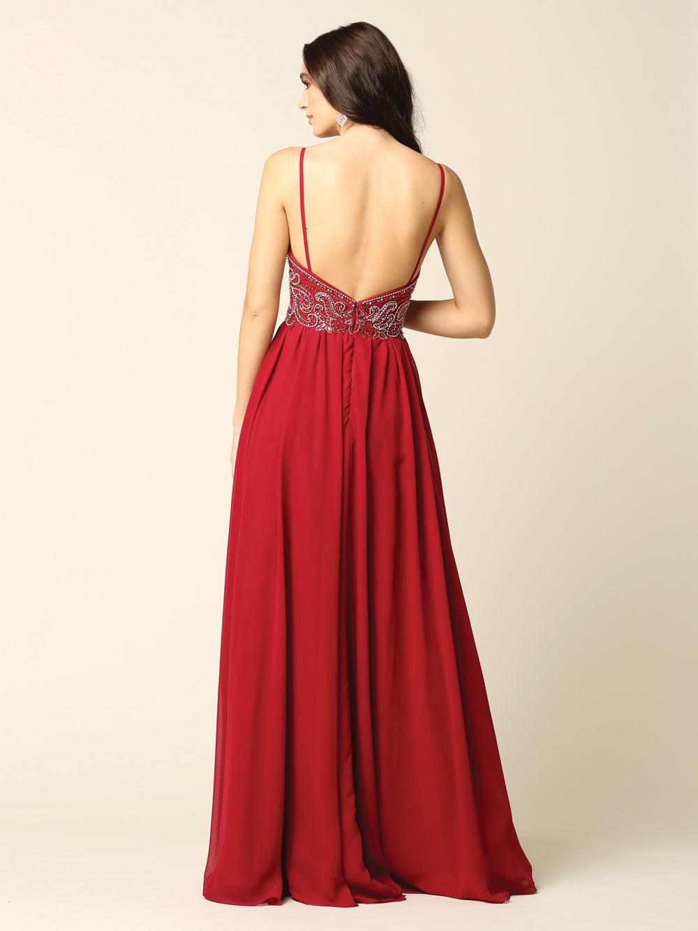 Long Spaghetti Strap Beaded Formal Chiffon Dress