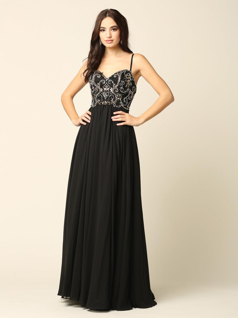 Long Spaghetti Strap Beaded Formal Chiffon Dress