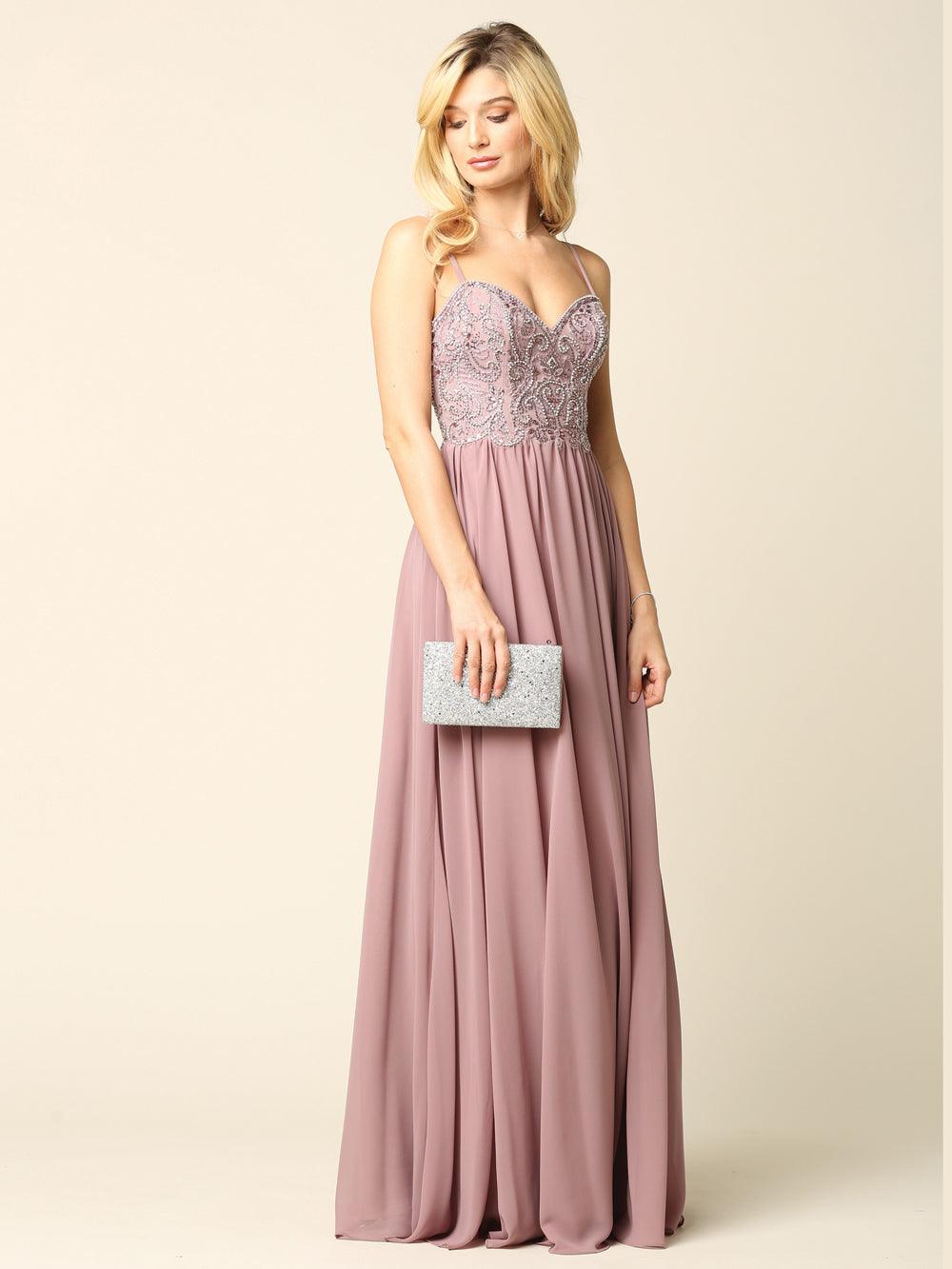 Long Spaghetti Strap Beaded Formal Chiffon Dress