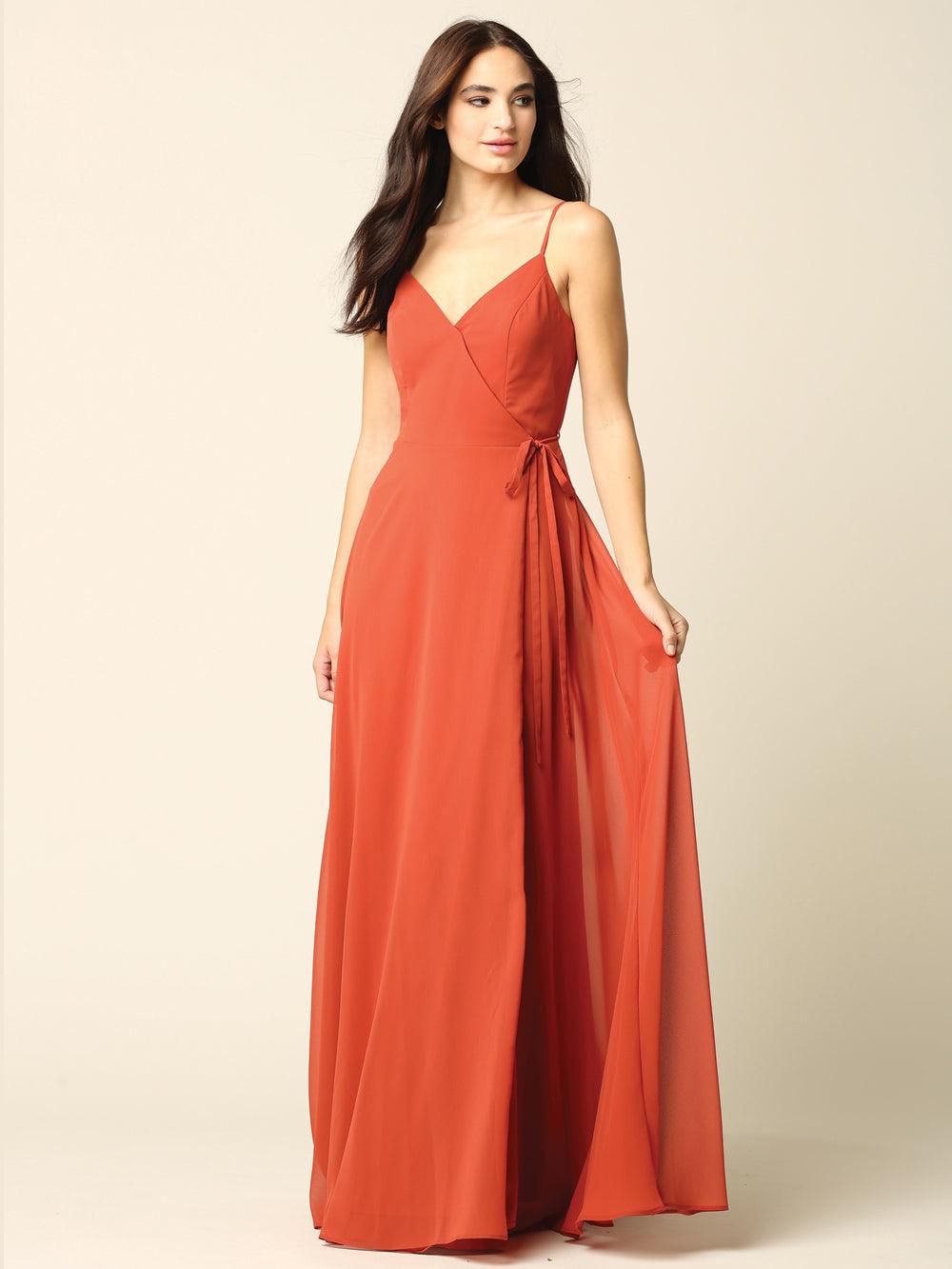 Long Spaghetti Strap Chiffon Wrap Bridesmaids Gown - The Dress Outlet