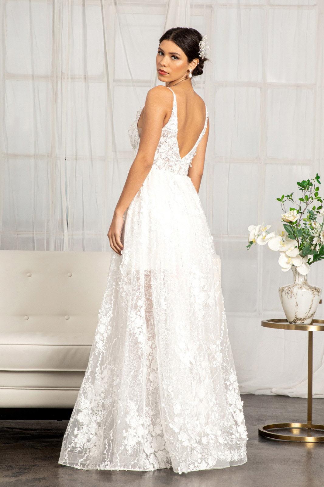 Long Spaghetti Strap Floral Applique Wedding Dress