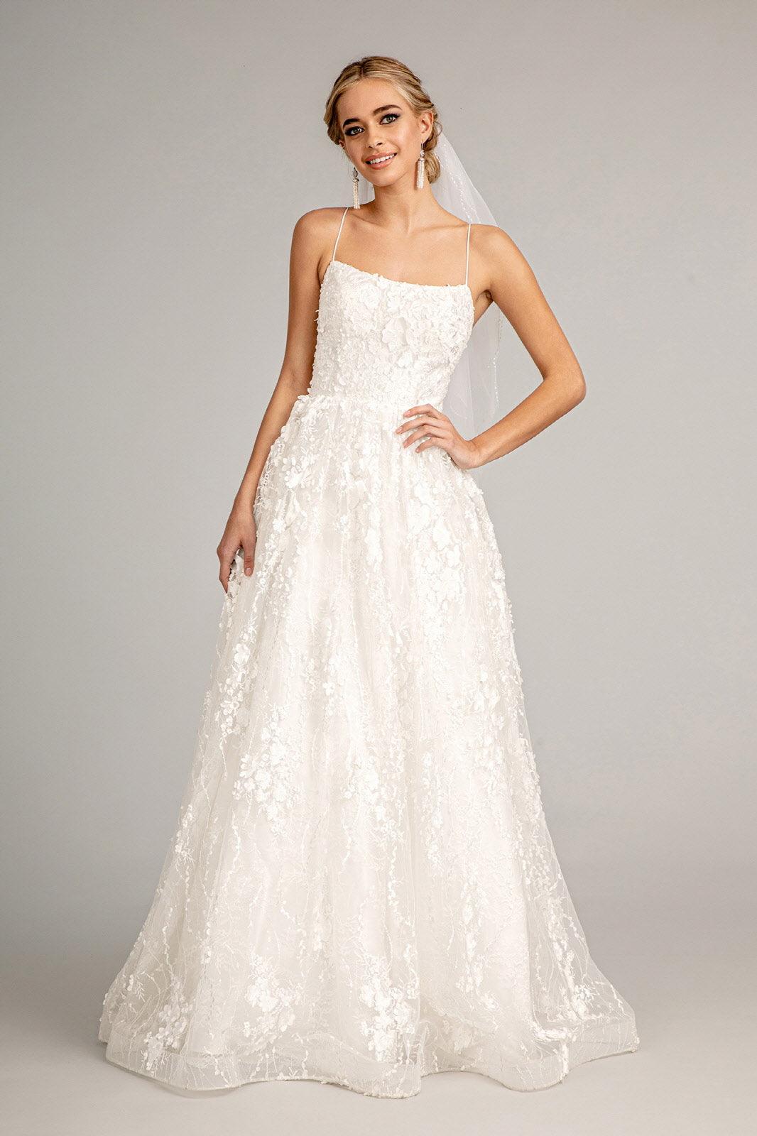 Long Spaghetti Strap Floral Mesh Wedding Dress - White / XL Long Spaghetti Strap Floral Mesh Wedding Dress - White / XL