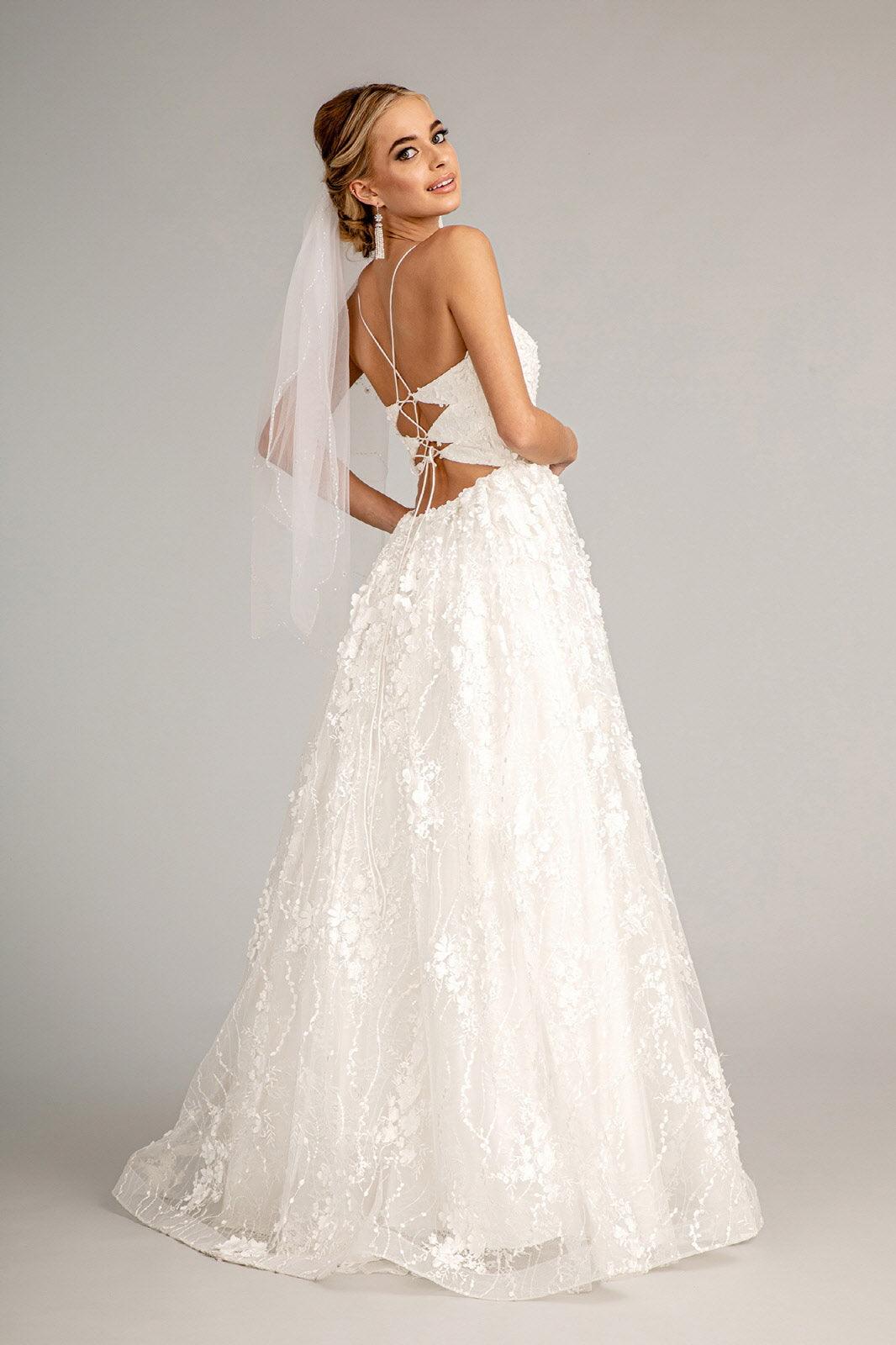 Long Spaghetti Strap Floral Mesh Wedding Dress - White / XL Long Spaghetti Strap Floral Mesh Wedding Dress - White / XL