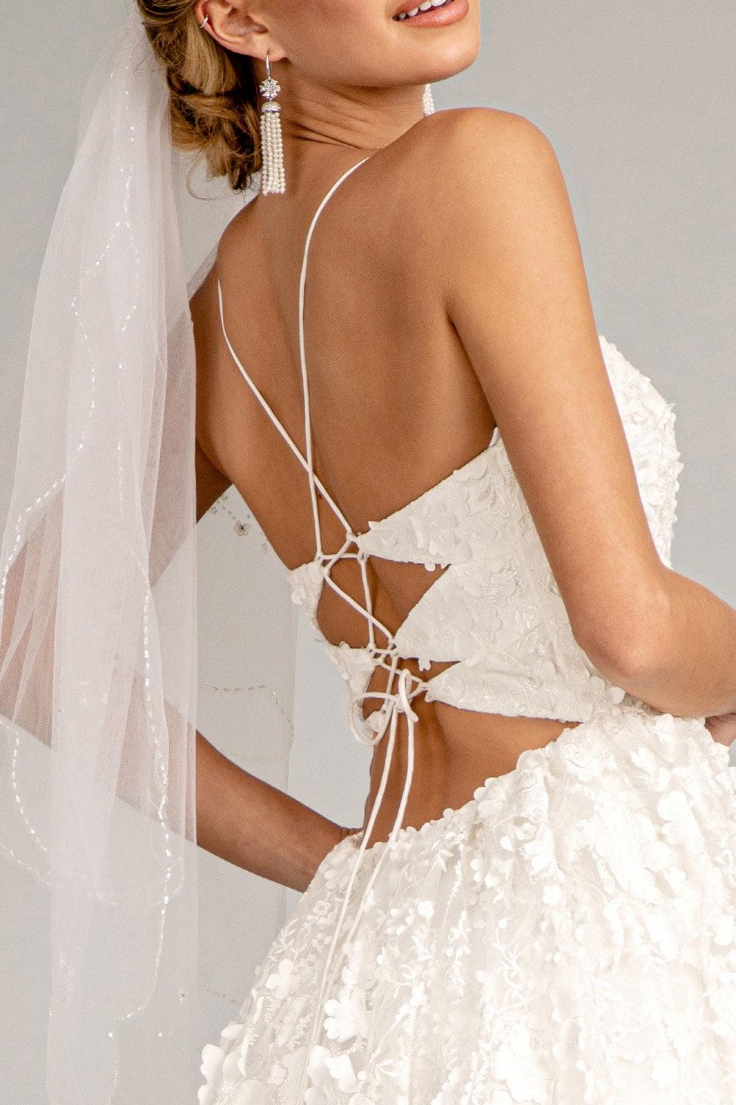 Long Spaghetti Strap Floral Mesh Wedding Dress - White / XL Long Spaghetti Strap Floral Mesh Wedding Dress - White / XL